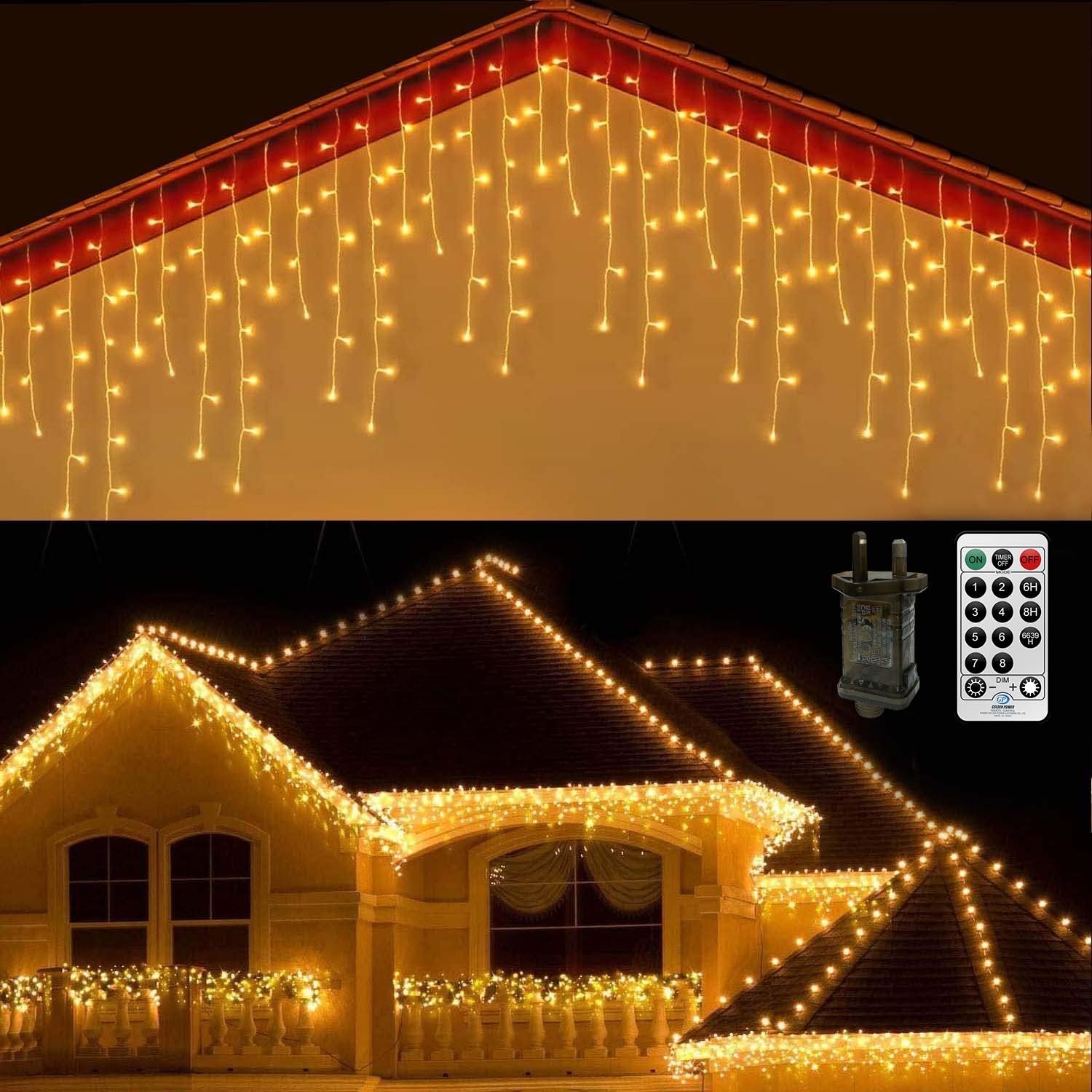 20M Icicle Lights Rideau de Noël extérieur Guirlandes lumineuses alimentées par le secteur Lumières de glace extérieures avec 108 gouttes pour décorations de Noël Gazebo d'intérieur, Blanc chaud