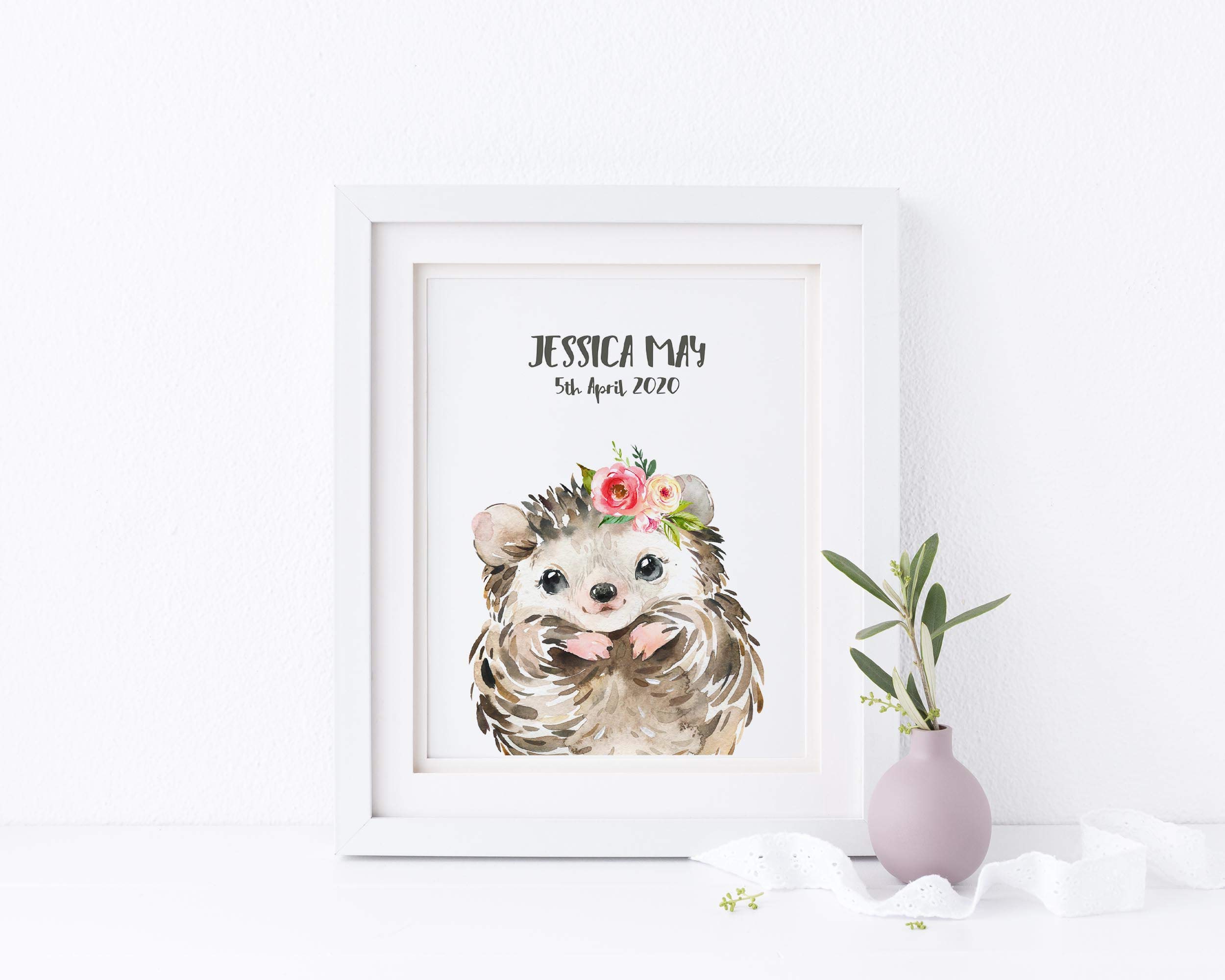 Hedgehog Nursery Print Personalised Woodland Animal Nursery Pictures, Kids Room Custom Name Wall Art
