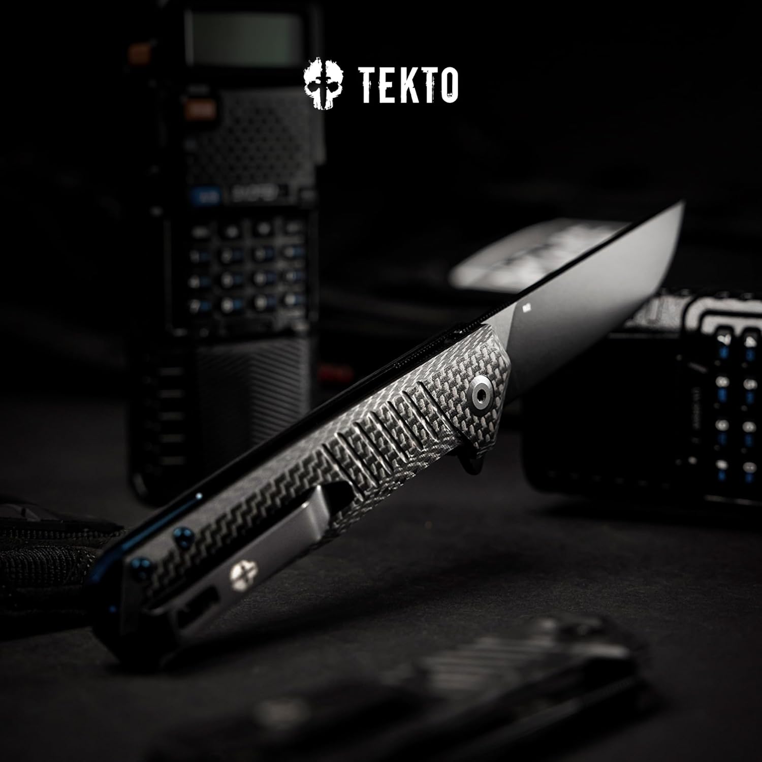 TEKTO F1 Alpha Folding Pocket Knife - Modified Straight Back Blade,Titanium Coated D2 Steel, Ideal for Outdoor Camping and Backpacking, Tactical Carbon Fiber Handle, Blue Titanium Accents