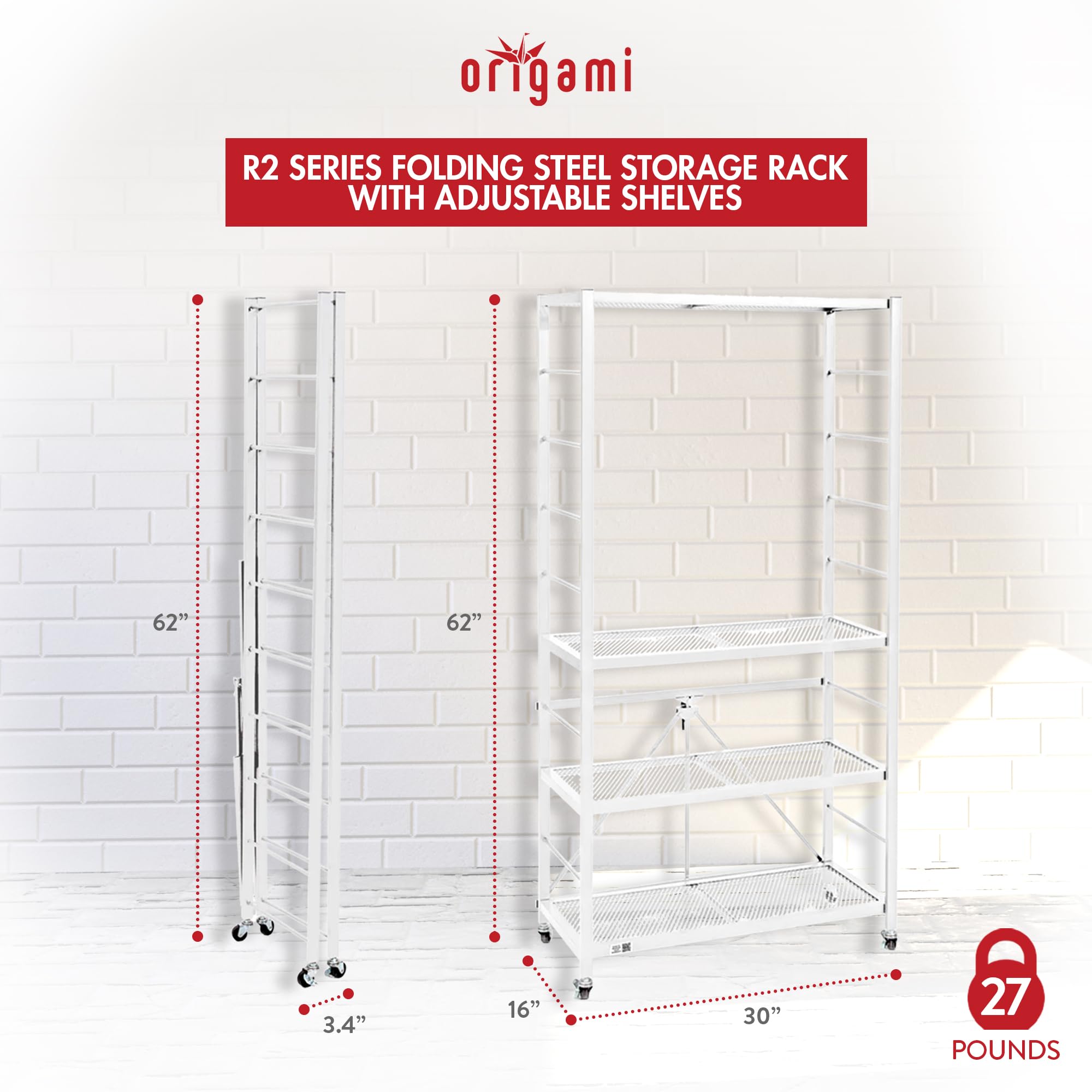 Origami 4 Tier Foldable Heavy Duty Metal Steel Adjustable Garage Storage Shelf Rack with Wheels for Organization in Home and Office, White