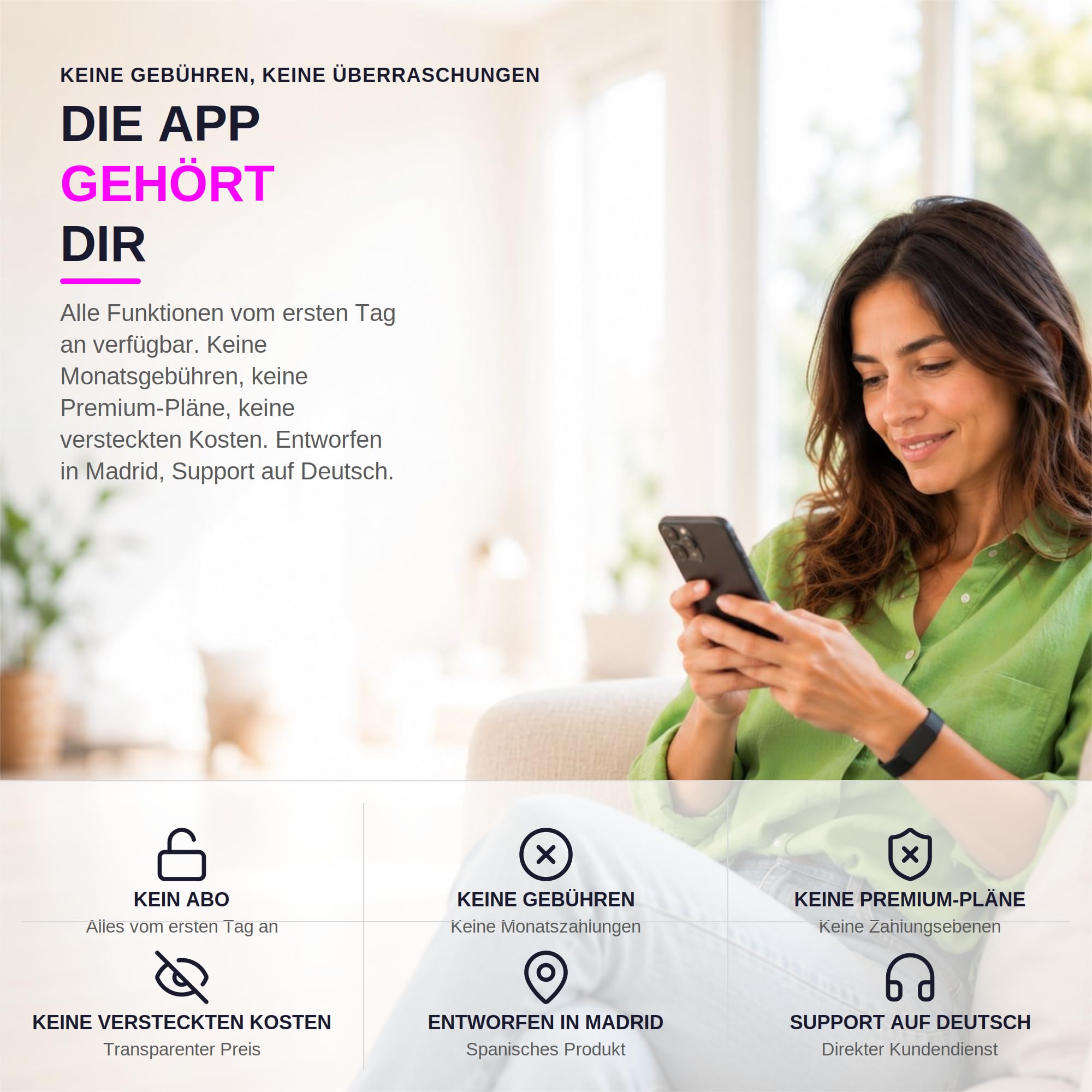 Sense Smartband ohne Display Damen Herren, Entwickelt in Spanien, KI-Coach, Schlaf Energie Erholung, Herzfrequenz 24/7 HRV SPO₂, IP68, Akku +45 Tage, Ohne ABO, Schwarz