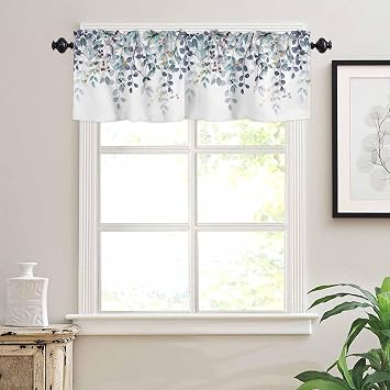 Navy Blue Eucalyptus Leaf Valances Curtains Spring Summer Leaves Watercolor Plants Kitchen Valance Short Curtains Rod Pocket Window Treatments for Bathroom Bedroom Windows 60x18 Inch
