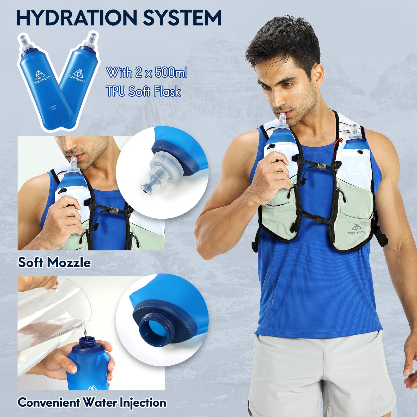 Haimont Sac à dos d'hydratation ultra léger - Avec 2 bouteilles d'eau souples de 500 ml - Pour la course, la randonnée, les coureurs