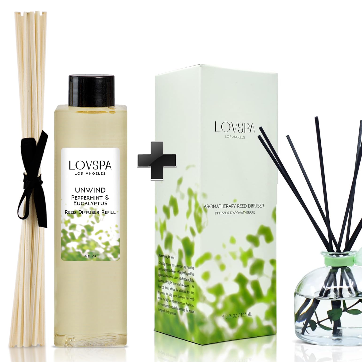 LOVSPAUnwind Peppermint & Eucalyptus Reed Diffuser Refill, 4 oz, Bundle with Unwind Peppermint & Eucalyptus Reed Diffuser Set - Made with Essential Oils in The USA
