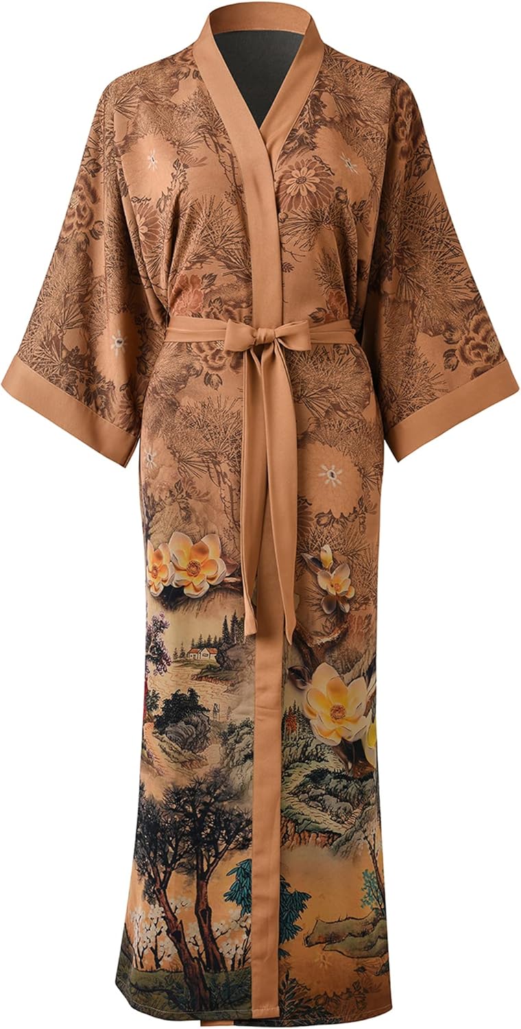 Ledamon Women's Kimono Long Robe - Classic Floral Bathrobe Nightgown