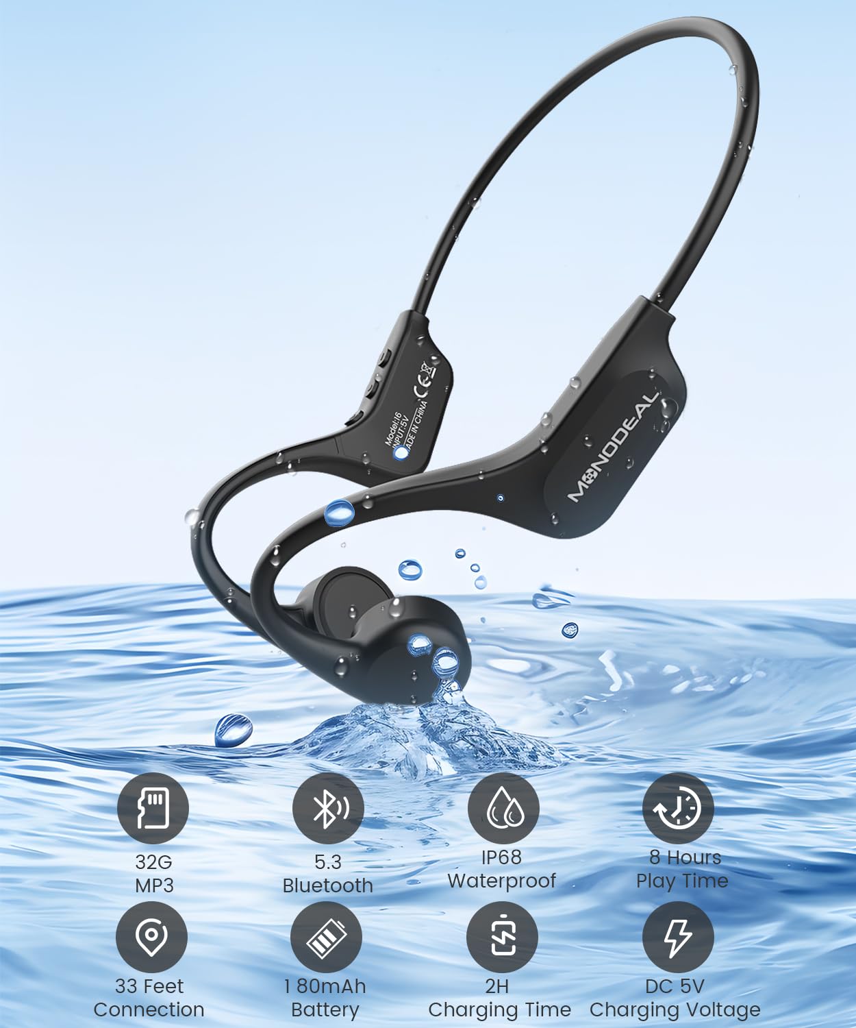 MONODEAL Casque Conduction Osseuse Natation Bluetooth 5.3 IP68 MP3 32GB Etanche