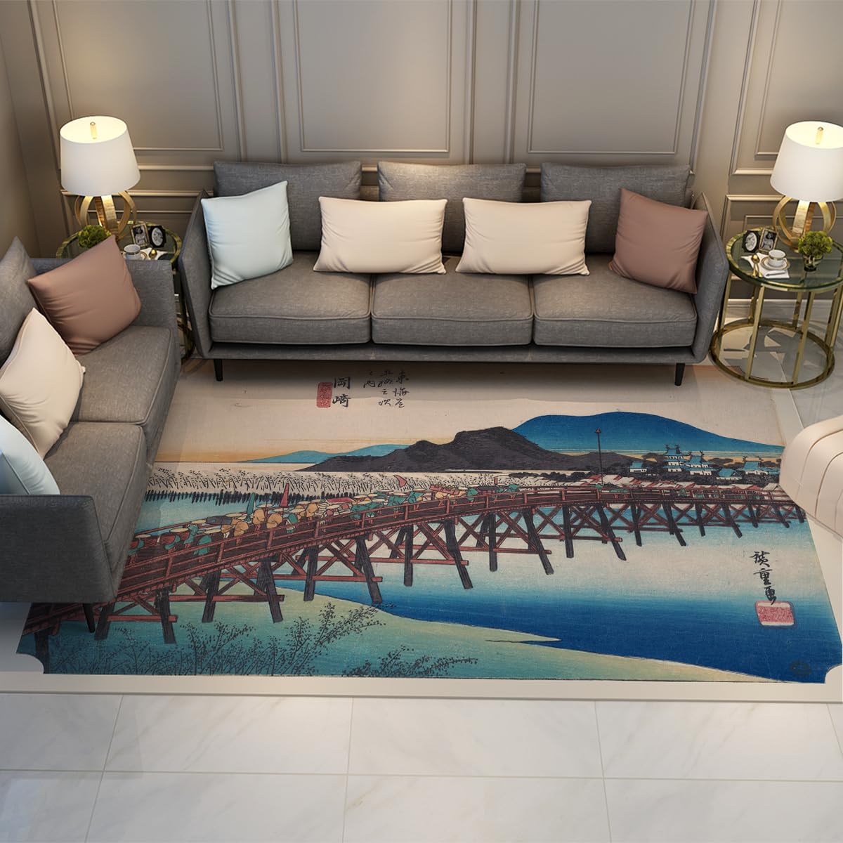 Tapis Ukiyo 80x120cm antidérapant avec scène de pont japonais pour salon et chambre moderne