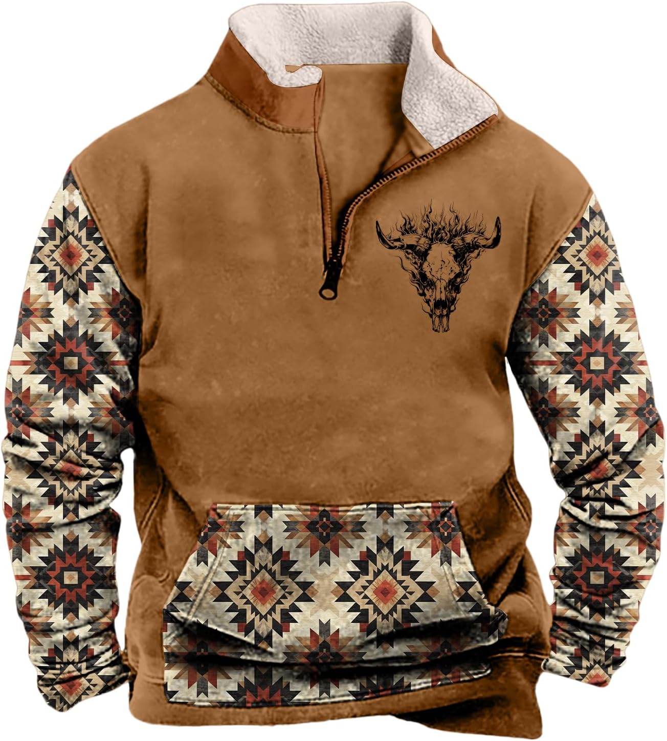 Mens Aztec Cowboy Western Quarter Zip Pullover Long Sleeve Sweatshirt Oversized Cre...