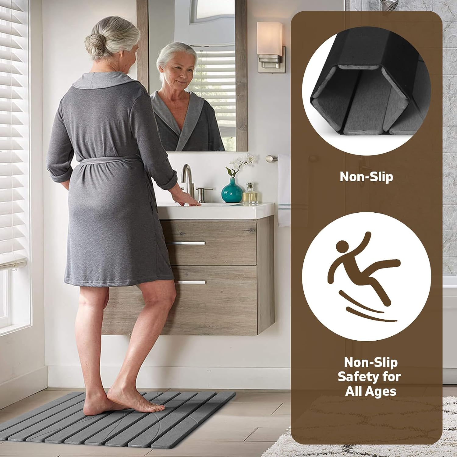 Large Foldable Stone Bath Mat, 2 Pcs Super Absorbent Diatomaceous Earth Mat with Non-Slip Leather Base, Quick Drying Floor Mat for Bathroom Kitchen Counter (Grey Carved 24"x16" & 8"x4")