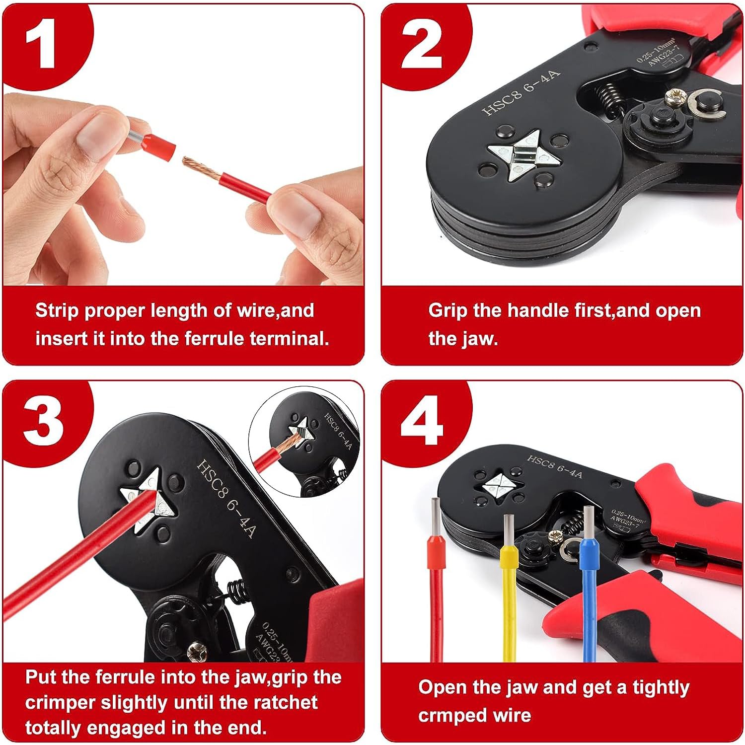 Ferrule Crimping Tool Kit,Wire Ferrules Crimpers Pliers Kit, Ratchet Tools with Terminals Connectors AWG24-10 Wiring connectors (1 Kit)
