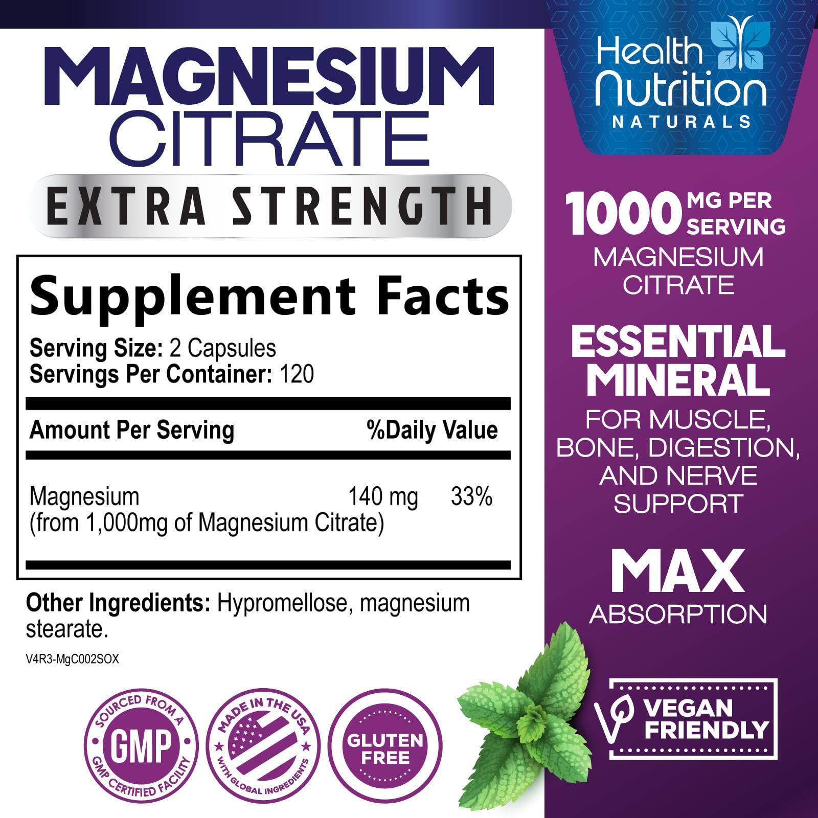 Magnesium Citrate 1000mg - Max Absorption Magnesium Powder Capsules for Muscle, Nerve, and Heart Health Support - High Absorption Citrate Complex for Men & Women, Vegan, Bottled in USA - 240 Capsules — Amazon image 2