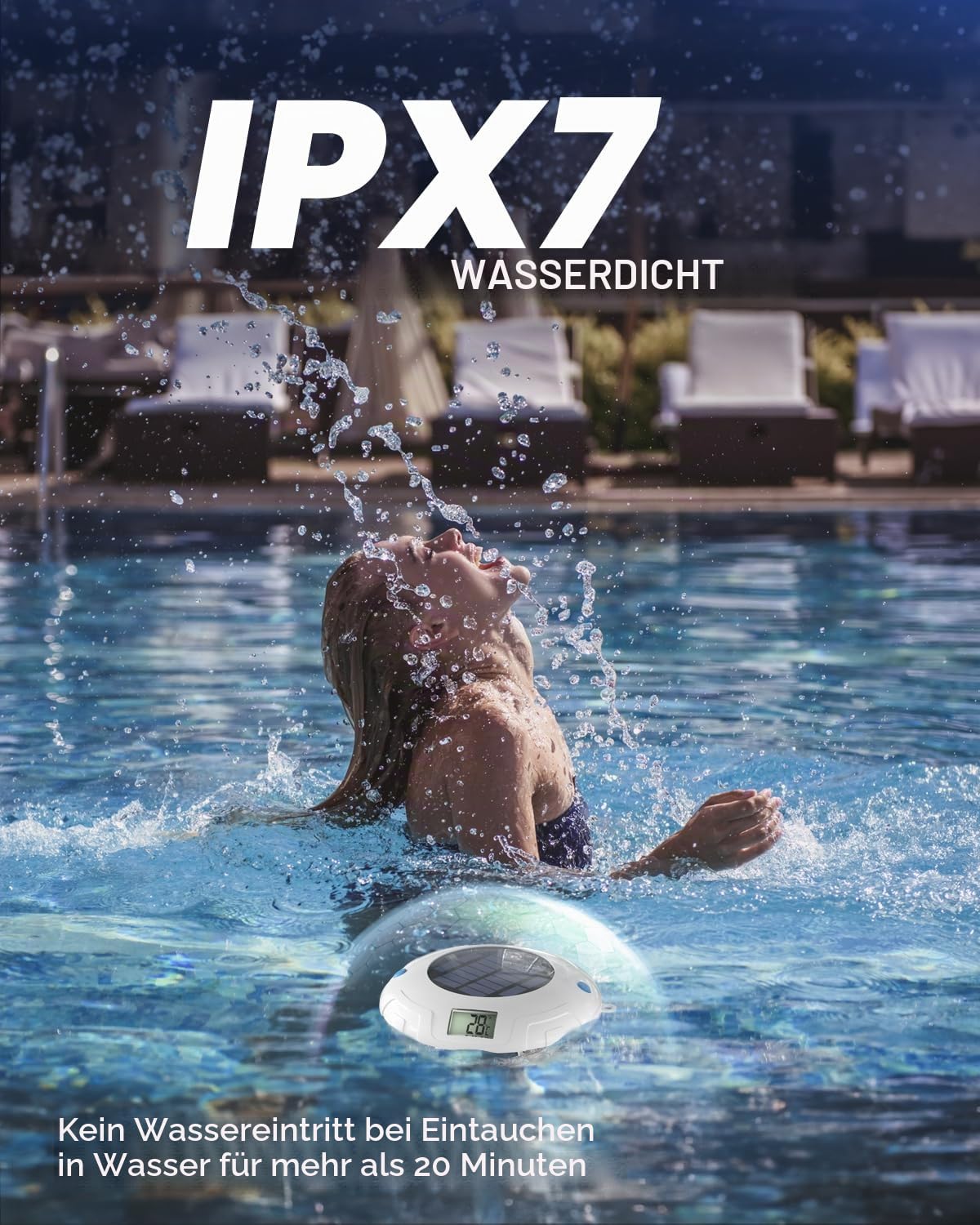 Solar Digital Pool Licht mit Dual LCD Bildschirmen, Leicht ablesbares Schwimmendes Poolthermometer mit 6 dynamischen Lichteffekten, IPX7 Wasserdicht Digital Thermometer (Marineblau)