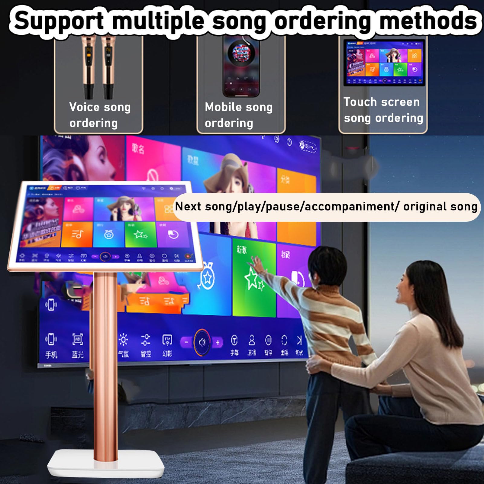 Macchina per Karaoke Touch Screen da 22 pollici, Macchina All-in-One, Lettore Desktop per Canto KTV, Effetti Integrati con 2 Microfoni Wireless e Schermo per la Visualizzazione dei Testi,White-3TB
