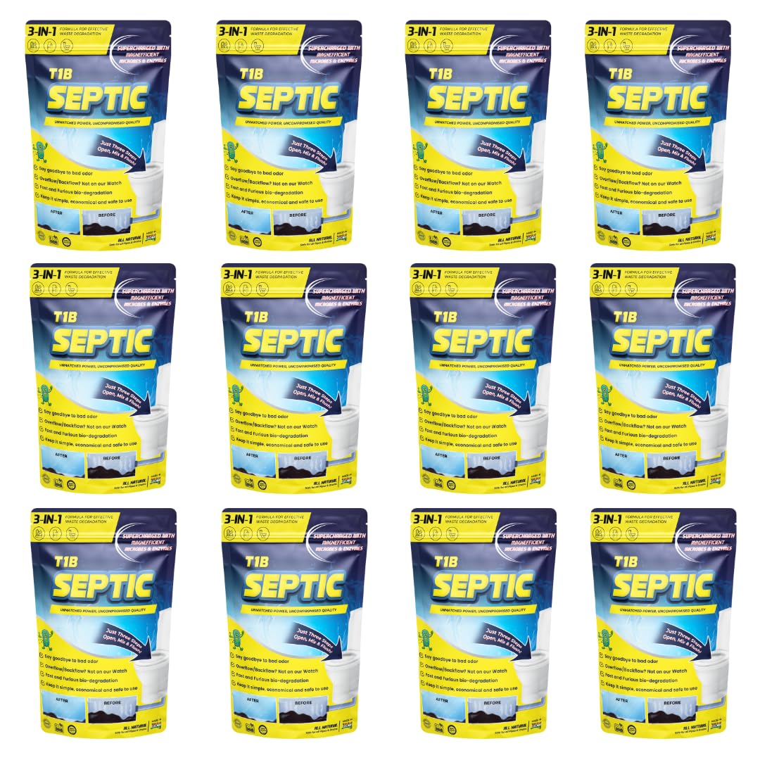 T1B Septic Tank Cleaning Powder - 100X Powerful Formula Microbes & Enzymes, Odour Removal, Prevents Blockages & Clears Drains, Septic Tank Treatment Powder Pack of 12 (3 Kg)