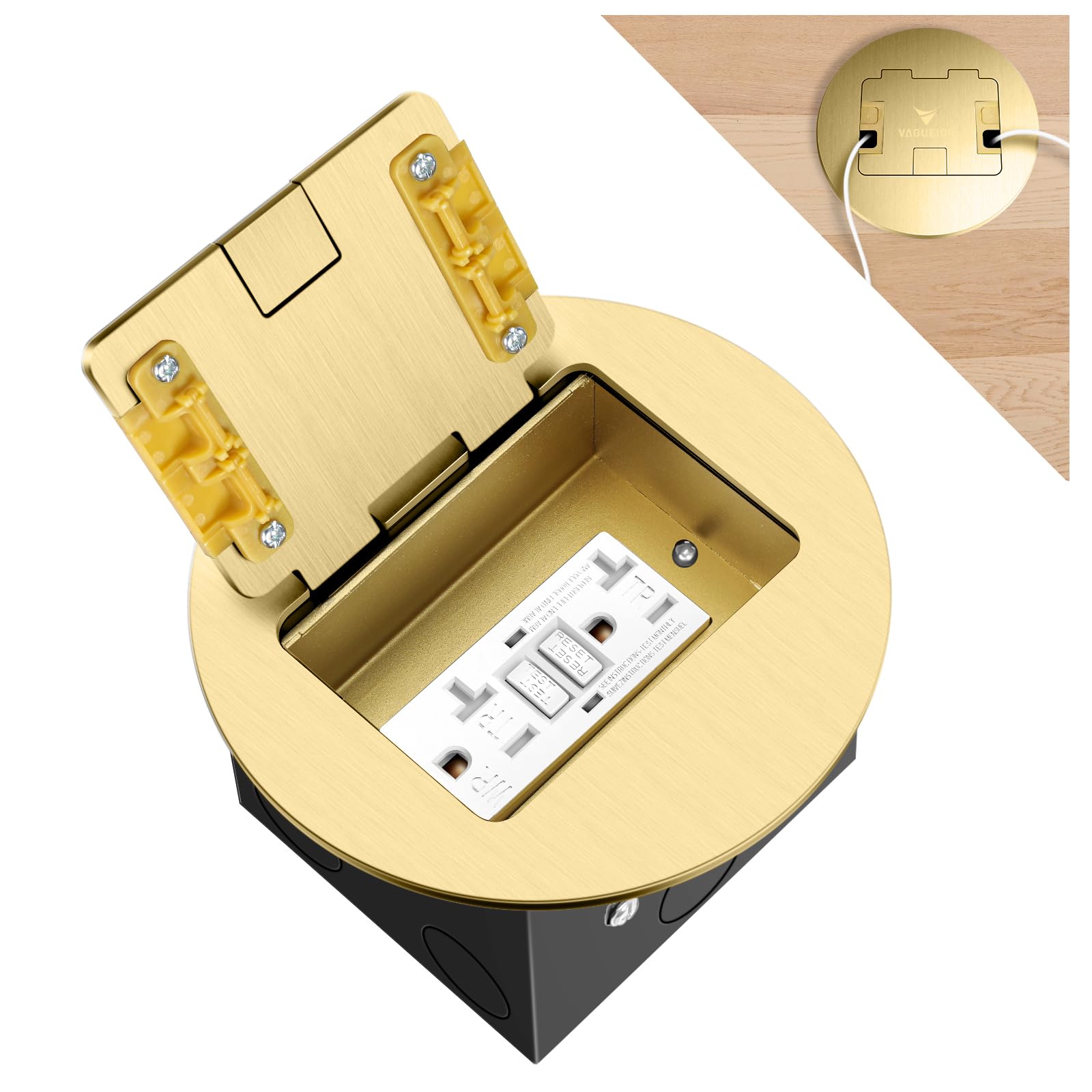 Photo 1 of Vagueior Recessed Floor Outlet 1-Gang with Duplex 20 Amp Tamper Resistant Receptacles Round Hidden Outlet Kit Electrical Waterproof Cover Box for Home Renovation, UL Certified, Gold