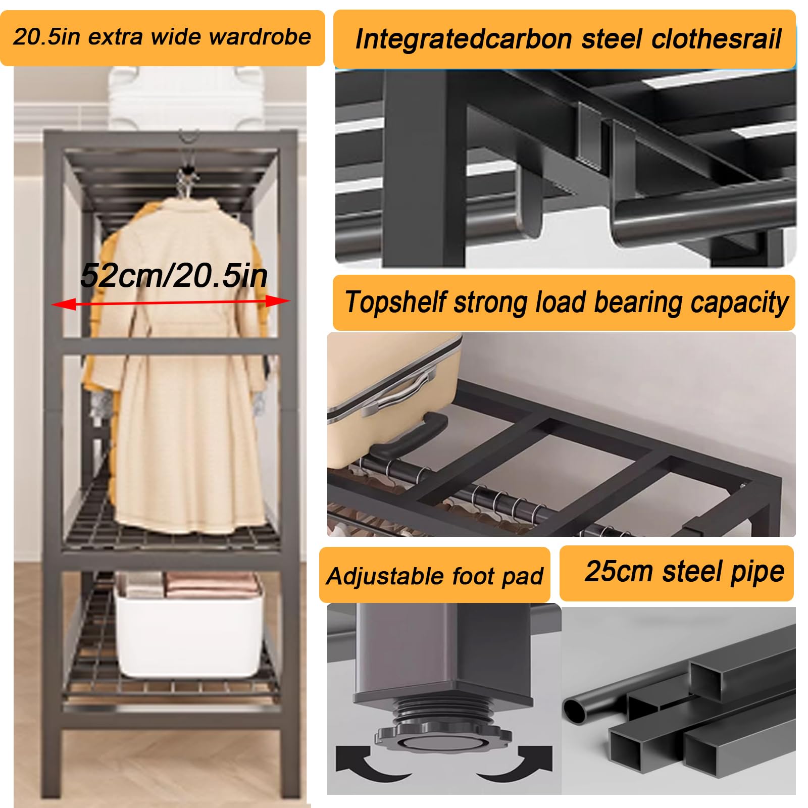 Faltbarer Kleiderschrank, 500 Kg, 242cm Großer Kapazität Stoffkleiderschrank mit 2 Hängenden Schienen, Tragbarer Stoffschrank Kleiderschrank mit Abdeckung für Schlafzimmer (B black door, 190cm)
