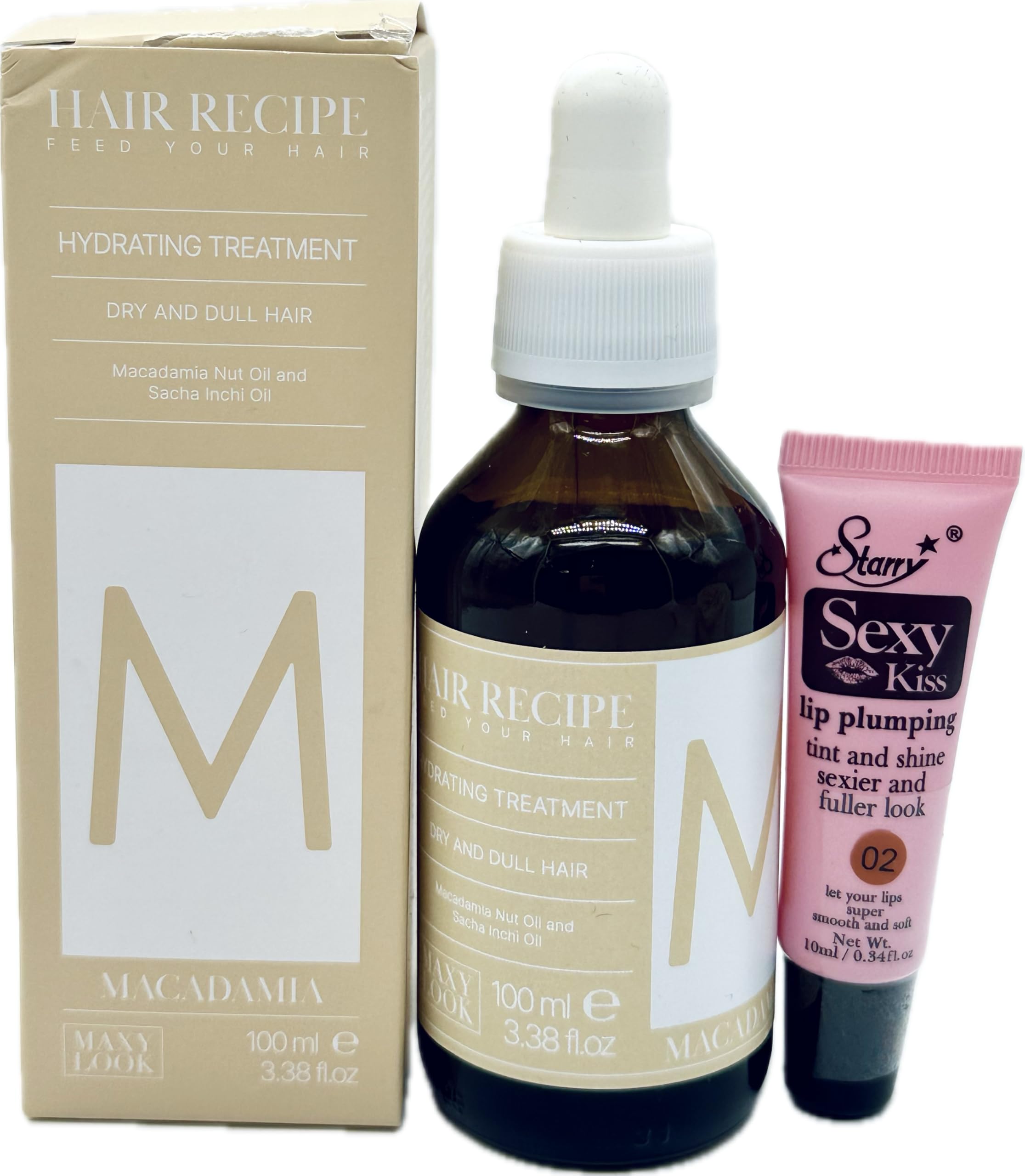 Maxy Look Hair Recipe Feed Your Hair Hydrating Treatment Dropper for Dry & Dull Hair (Macademia) 3.38 fl oz-Free Starry Lip Gloss