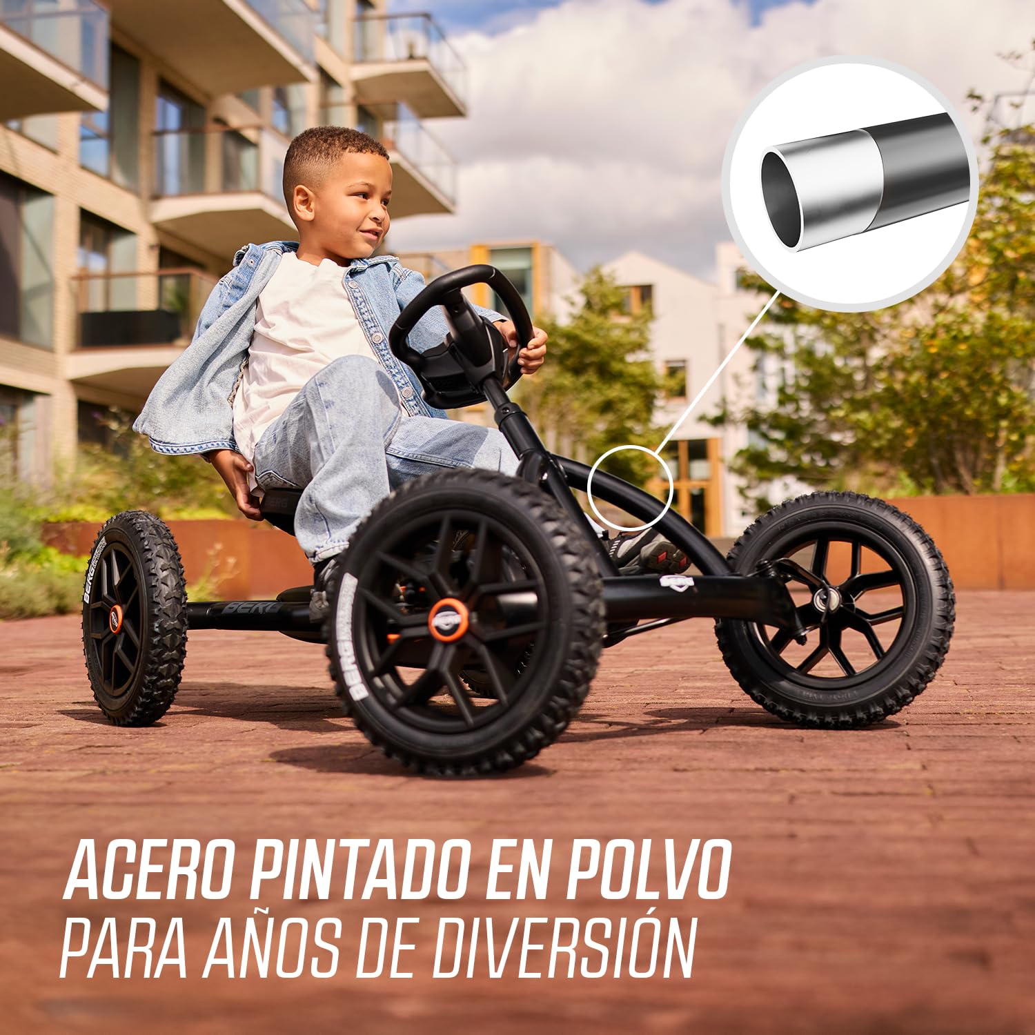 BERG Kart a Pedales Buddy Cross | Negro, 3-8 años, cuadro resistente, asiento regulable, volante regulable