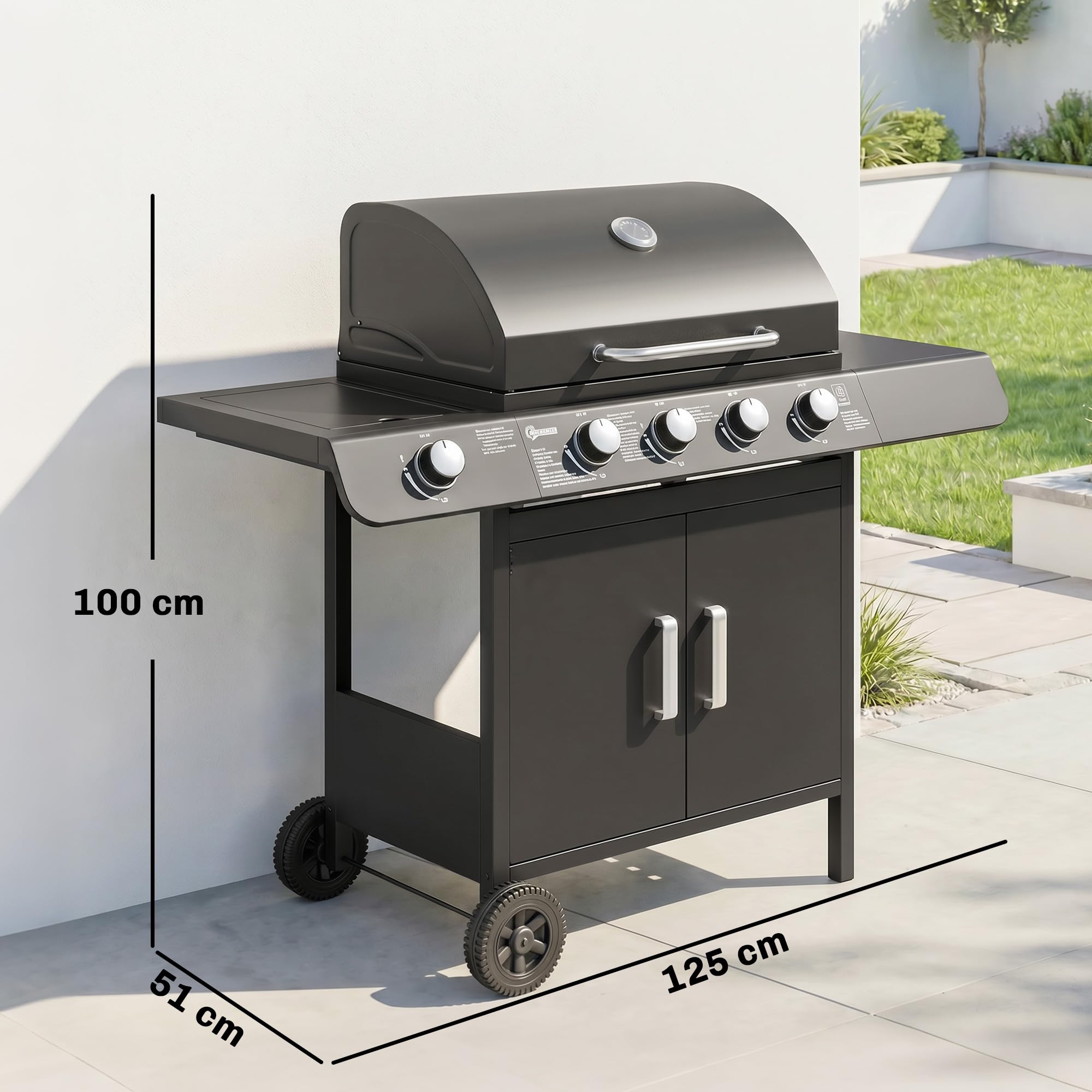 Outsunny Barbacoa de Gas con 4+1 Quemadores 14,4 KW Mesas Laterales Armario de Almacenaje Termómetro y 2 Ruedas Acero Inoxidable BBQ 125x51x100 cm Negro
