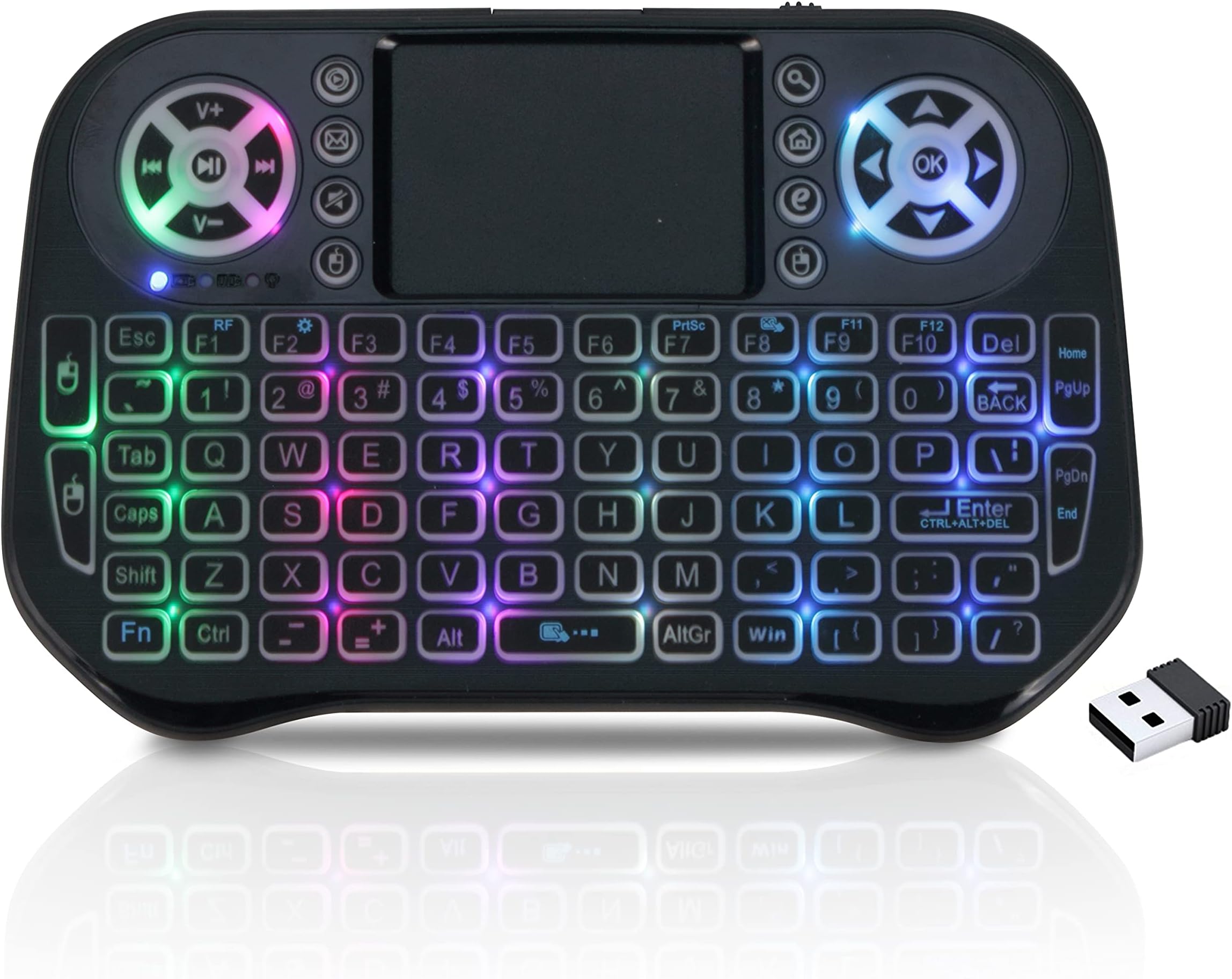 Mini Wireless Keyboard Backlit with Touchpad, 2.4GHz USB Rechargeable Handheld Remote Control Keyboard with 7 Colors RGB Backlit Keys for Smart TV, Laptop, Tablet, Android TV Box
