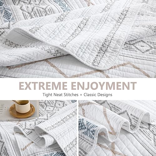 Vista 13 de Juego de edredón tamaño Queen, 100% algodón, colcha acolchada tamaño Queen, colcha reversible a rayas bohemias, edredón ligero para todas