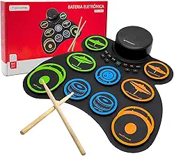 Conjunto Bateria Eletrônica Portátil com 9 Pads Sensíveis, Alto-Falantes Duplos, Conexão USB MIDI, Função de Gravação e Reprodução para Iniciantes e Prática em Casa