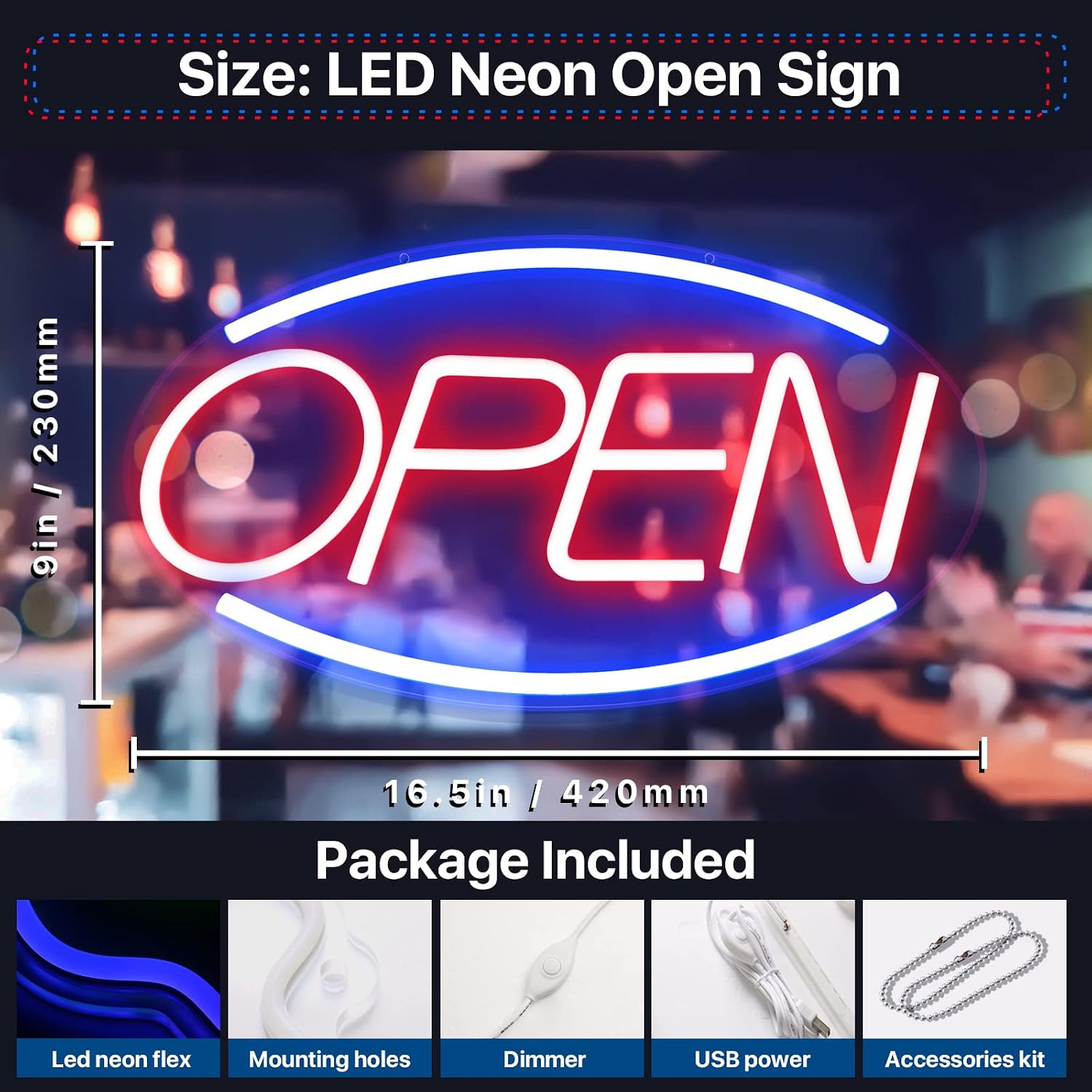 Sugarneon LED Neon Open Sign, 16.5"x 9" Open Sign for Business, Powered by USB with ON/OFF Switch, Adjustable Brightness Neon Lights for Party Bar Salon Coffee Stores Hotel Wall Decor Neon Light Sign (Oval)