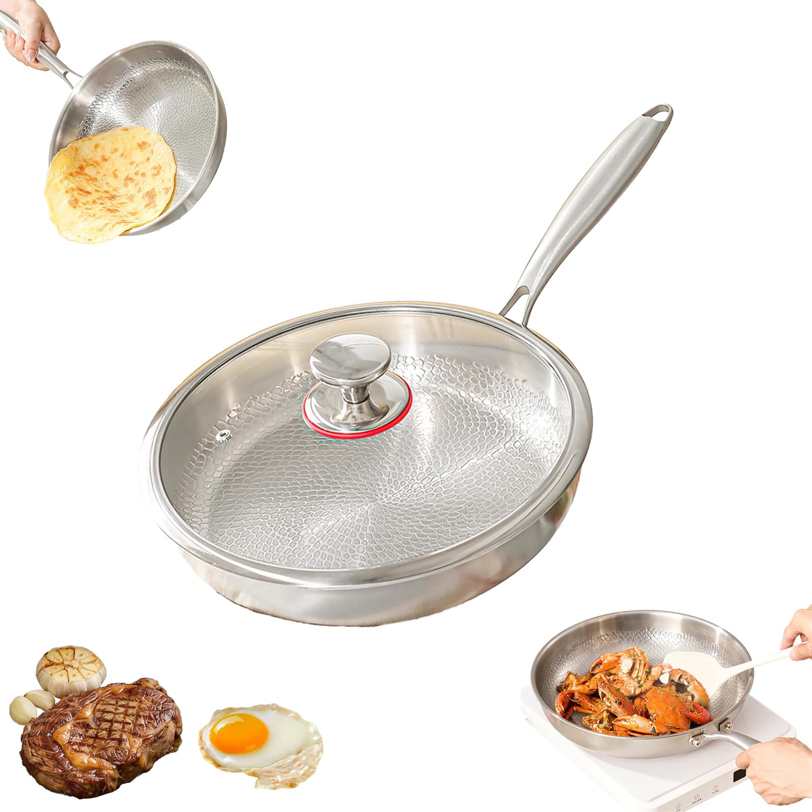 Titan Pfanne, Titanium Hammered Pan Pro mit Deckel, 28 CM Titan Pfanne Unbeschichtet, Antihaftbeschichtete Bratpfannen, Verdickt haltbar, Geeignet für Herdarten geeignet Spülmaschinen (28 cm)