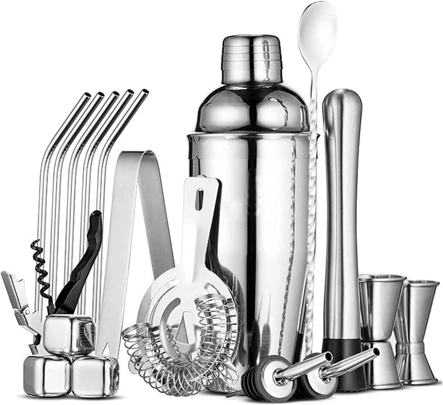 Cocktail Shaker Set 18 Piece Stainless Steel Bar Tool with Martini Shaker,Muddler, Jigger, Strainer, Bar Spoon, Tongs, Corkscrew Etc,750ml