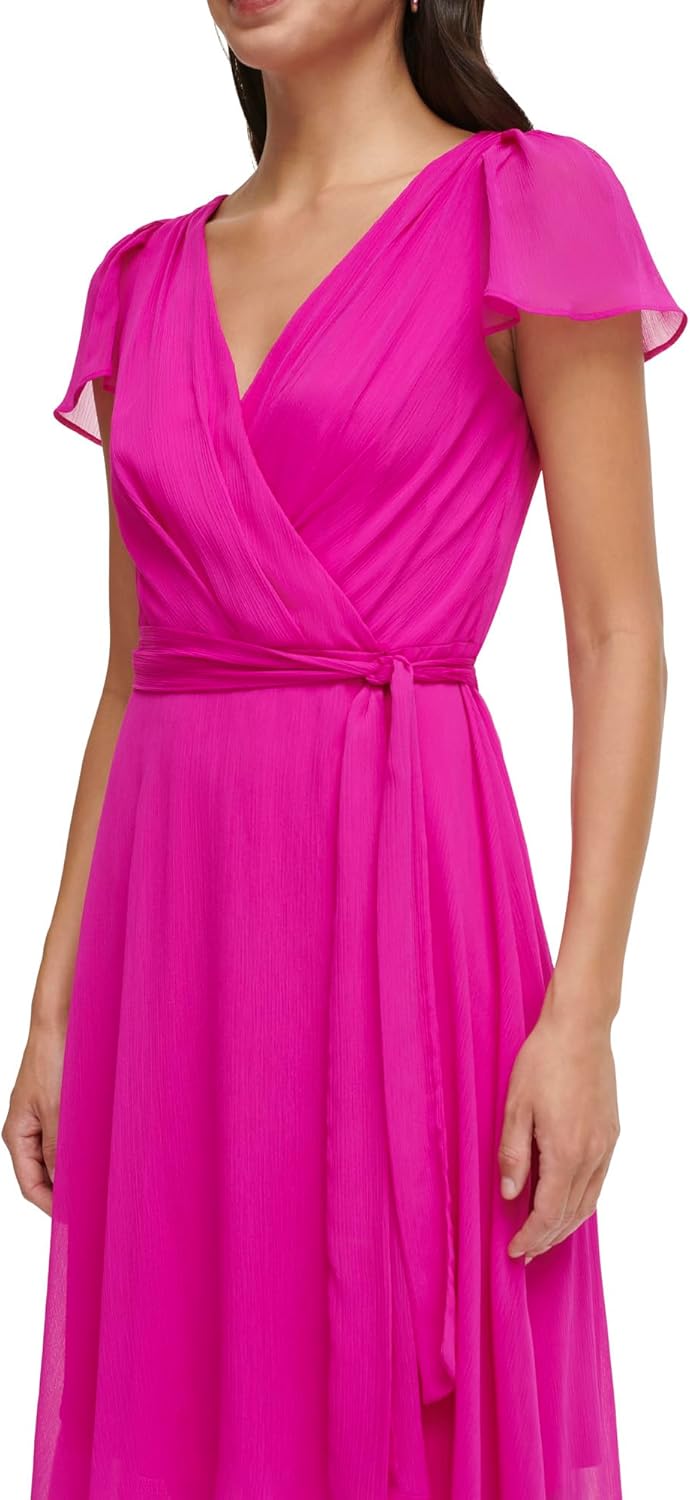 DKNY Womens Flutter Sleeve Surplice Tie Fit & Flare Midi Dress - Image 2