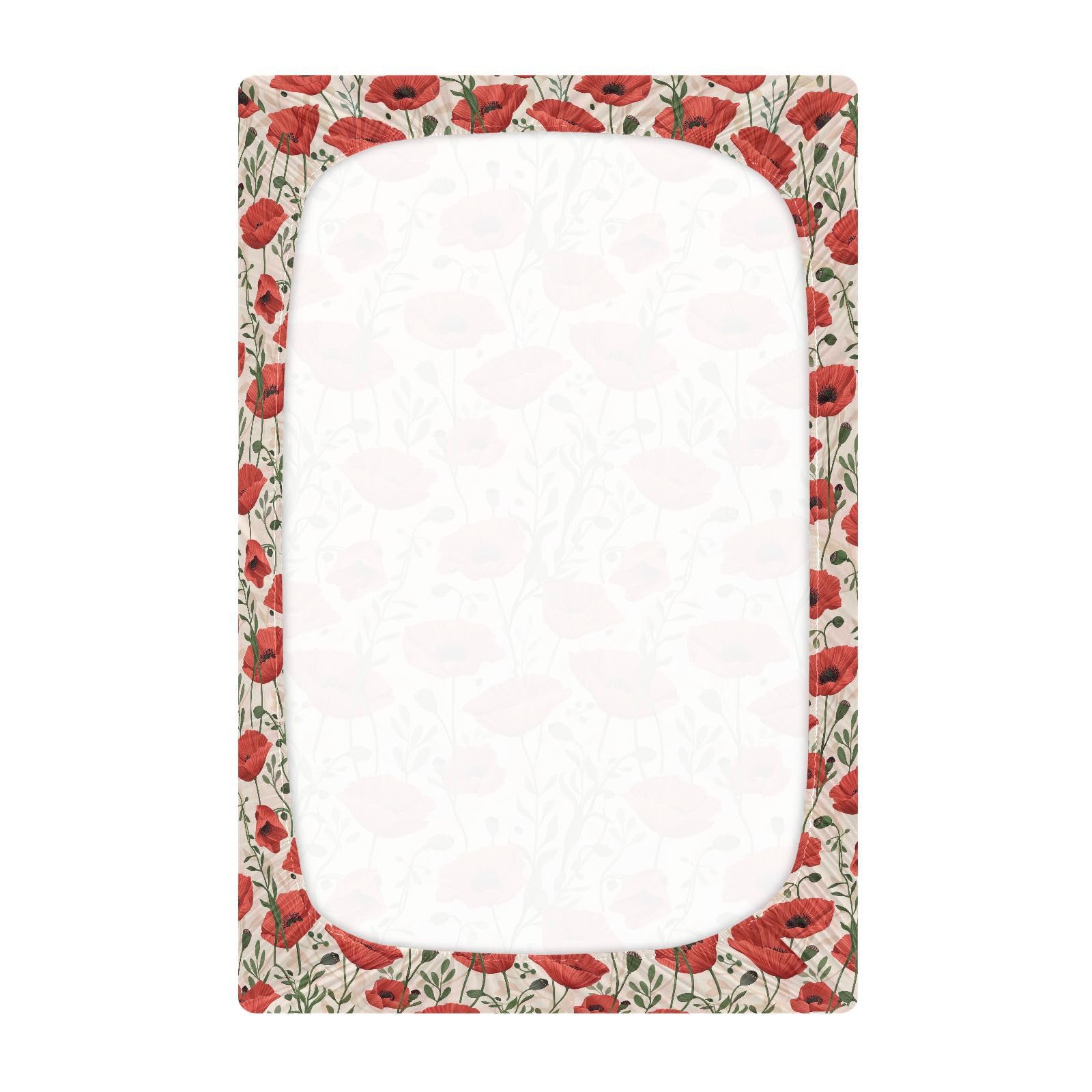 JIPONI Poppy Flowers Leaf Soft Playard Sheet- Pack & Play Sheets Fitted, Breathable Mattress Cover for Standard Size Play Yard, 39’x27’x5’