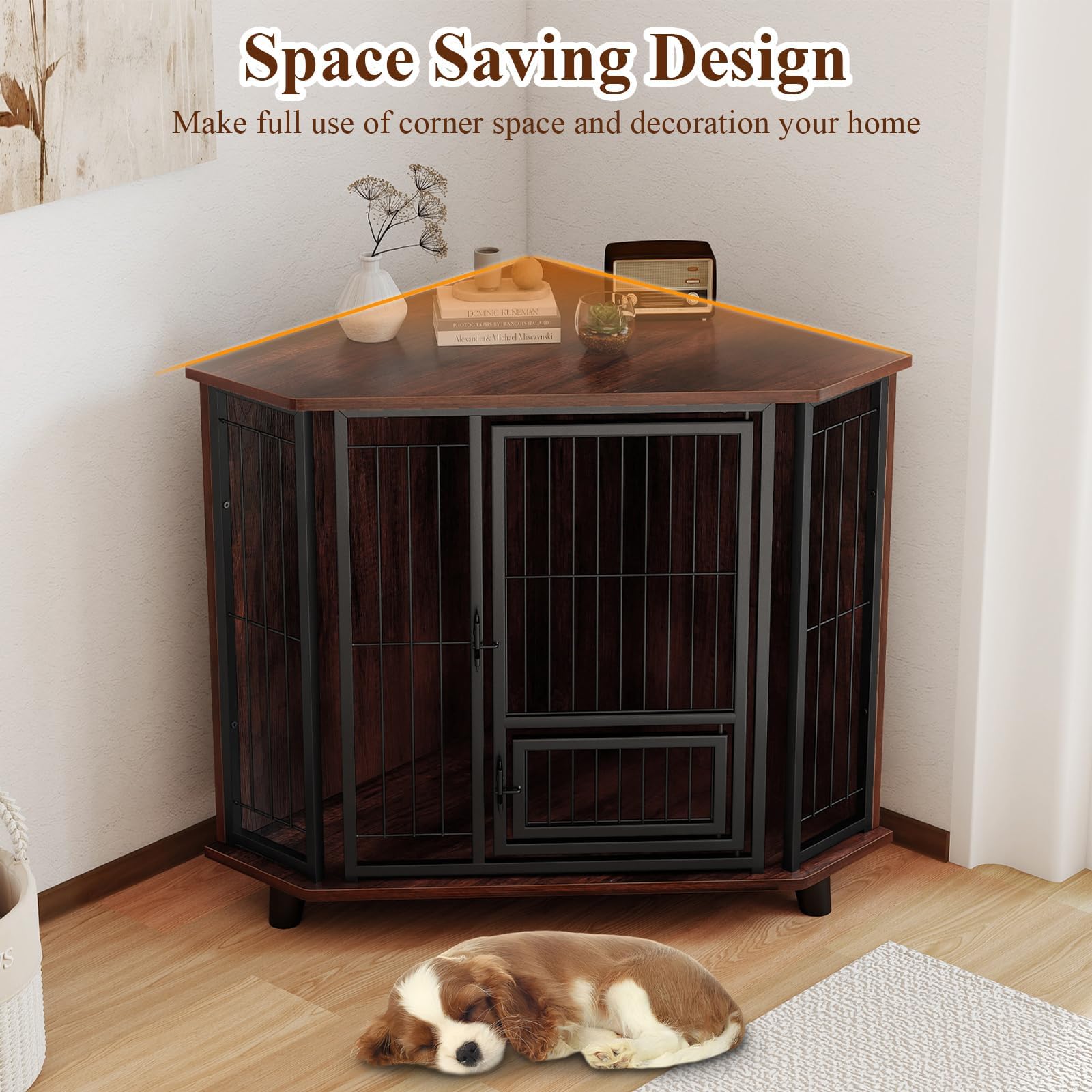 FANTASK Hundebox Holz mit abschließbarer Tür, Eck Hundehütte mit stabilen Metallgittern & 3 Beinen, Hundemöbel platzsparend für kleine und mittelgroße Hunde, Innenbereich, 60 x 60 x 71,5 cm, Braun