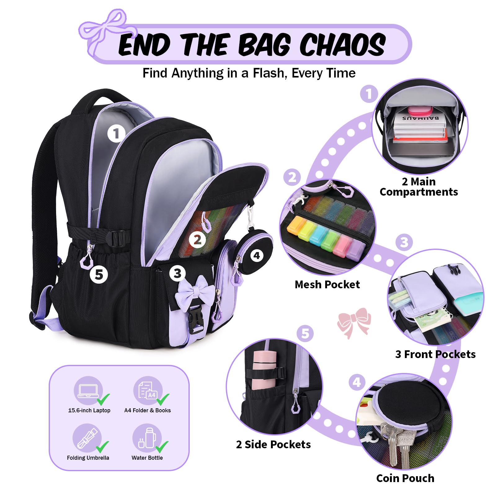Amythe Cartable pour Filles Primaire et Collège - Sac à Dos Enfant Ergonomique avec Bandes Réfléchissantes - Sac D'école Fille CE2 CM1 CM2 Imperméable Léger pour École Voyage -Violet