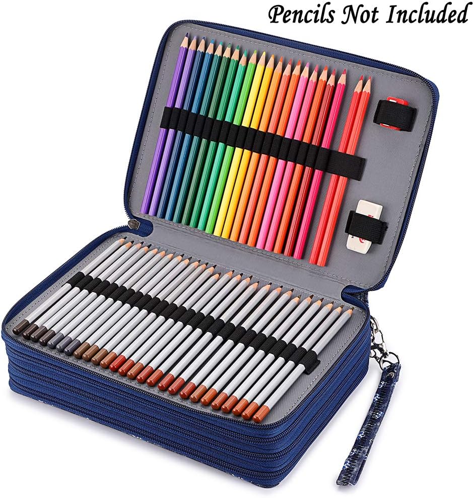 BTSKY Colored Pencil Case- 200 Slots Pencil Holder Pen Bag Large Capacity Pencil Organizer with Handle Strap Handy Colored Pencil Box with Printing Pattern Blue Flower