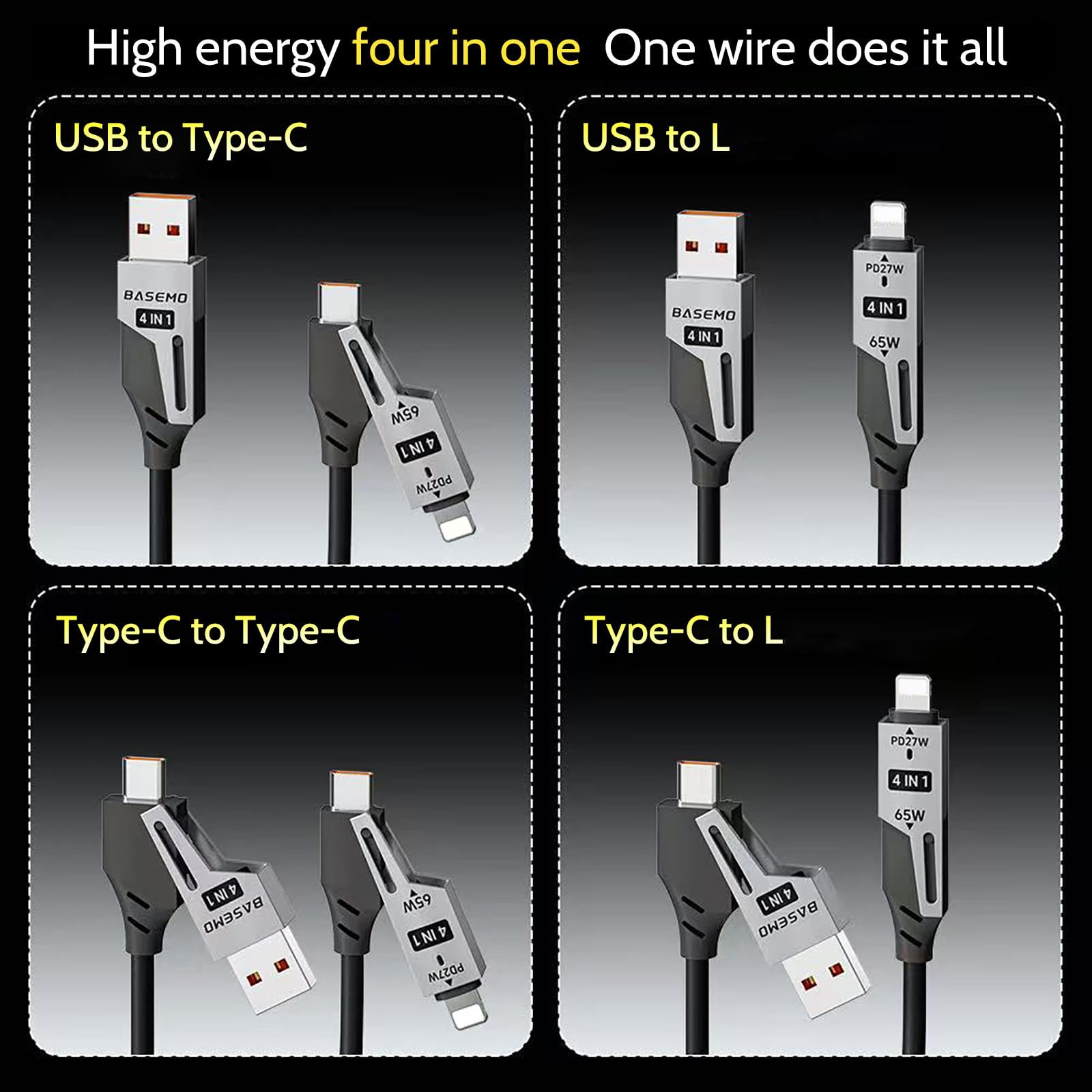 Chowany kabel do szybkiego ładowania 4 w 1, 65 W, 2 m, USB-C na L/USB-C/USB-A, kabel do wielu urządzeń iPhone 15/14/13, iPad, Samsung, MacBook, laptop, samochód, tablet (2)