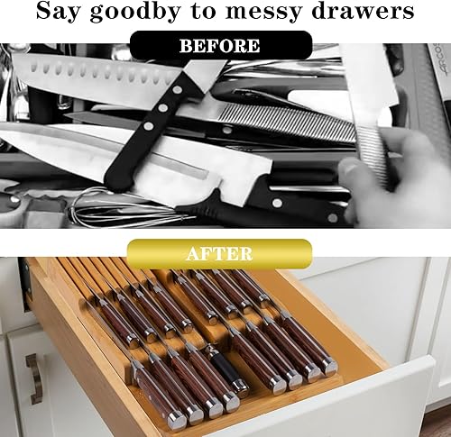 Miniatura 6 de Organizador de cajones de cuchillos de bambú con 17 ranuras, bloque de cuchillos sin cuchillos para cajón de cocina, sostiene 16 cuchillos y 1 acero