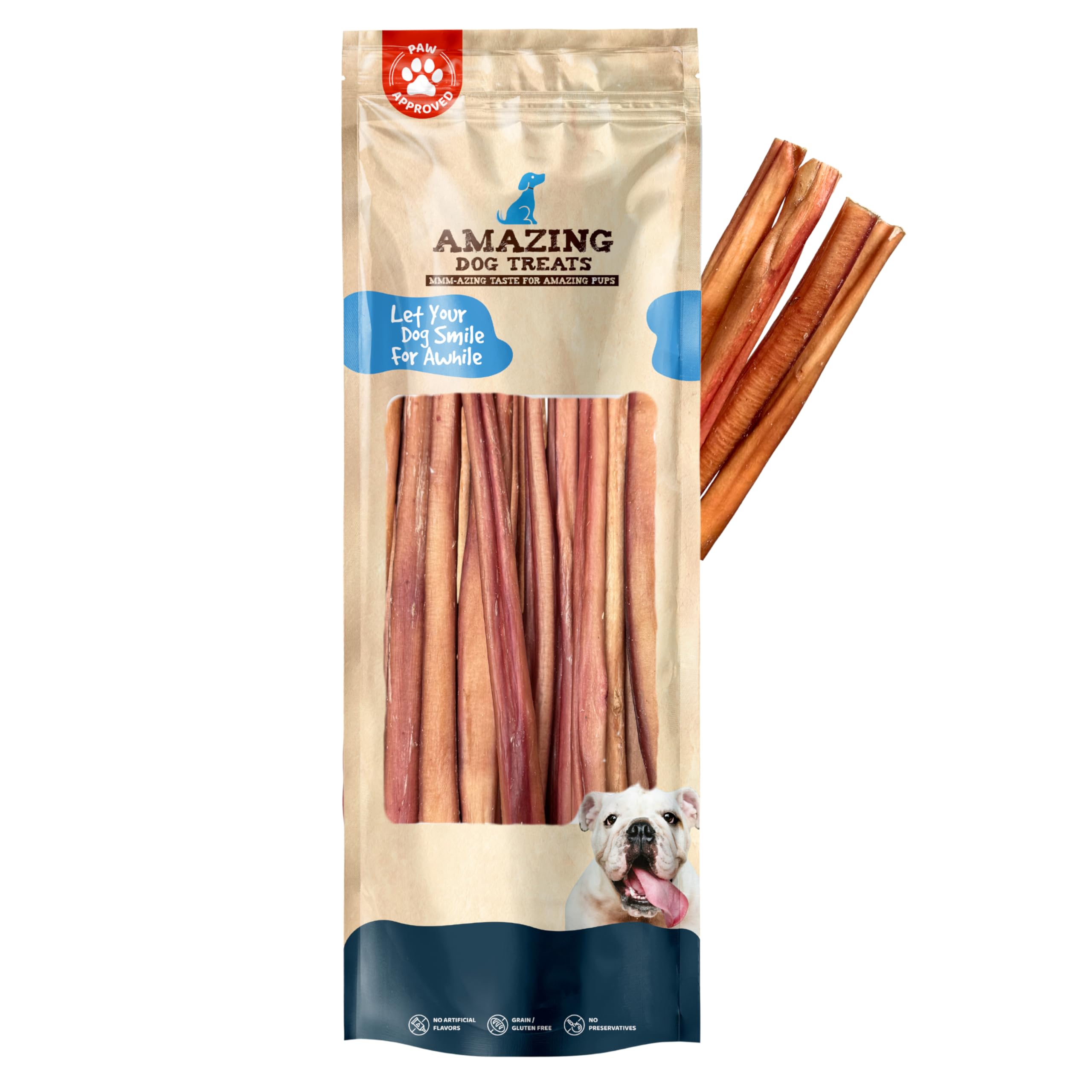 Amazing Dog Treats Bully Sticks 12 Inch - Extra Thick, Long Lasting - 5 Pcs/Pck