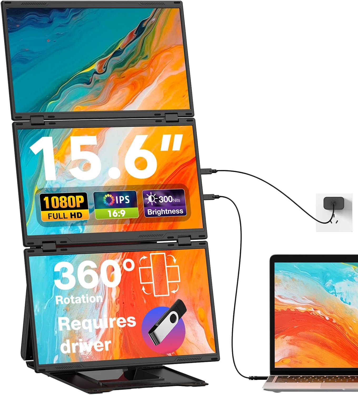 15.6" Laptop Screen Extender, 1080P FHD Laptop Monitor Extender with 120% sRGB, 235°Rotation Detachable Dual Monitor, Plug & Play, Triple Screen Compatible with Windows, Mac, Chrome