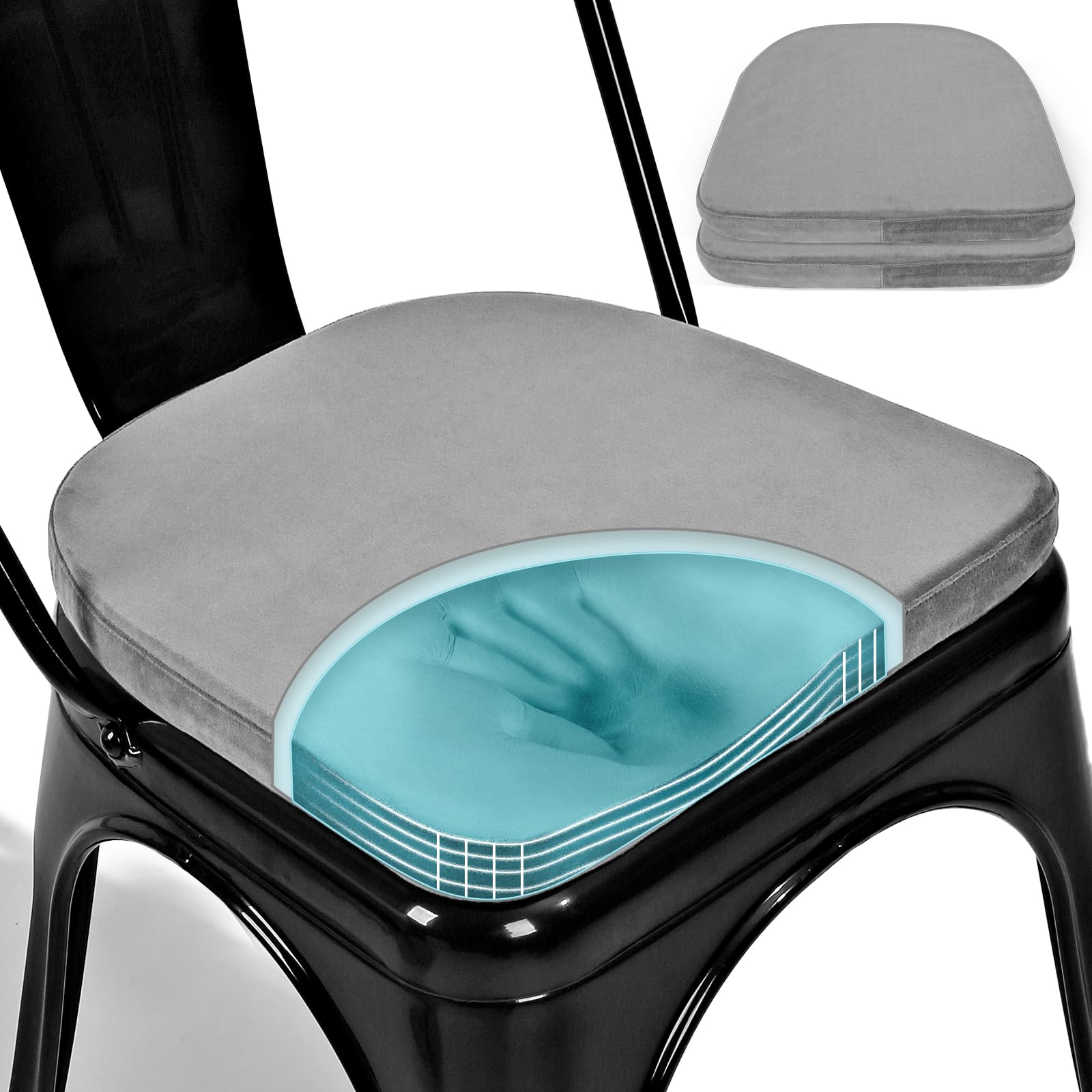 SINOSSO Kitchen Magnetic Metal Chair Cushions Set of 2, 14" Luxury Velvet Memory Foam Seat Pads for Cafe Stackable Chair (U-Shape, Gray, 2)