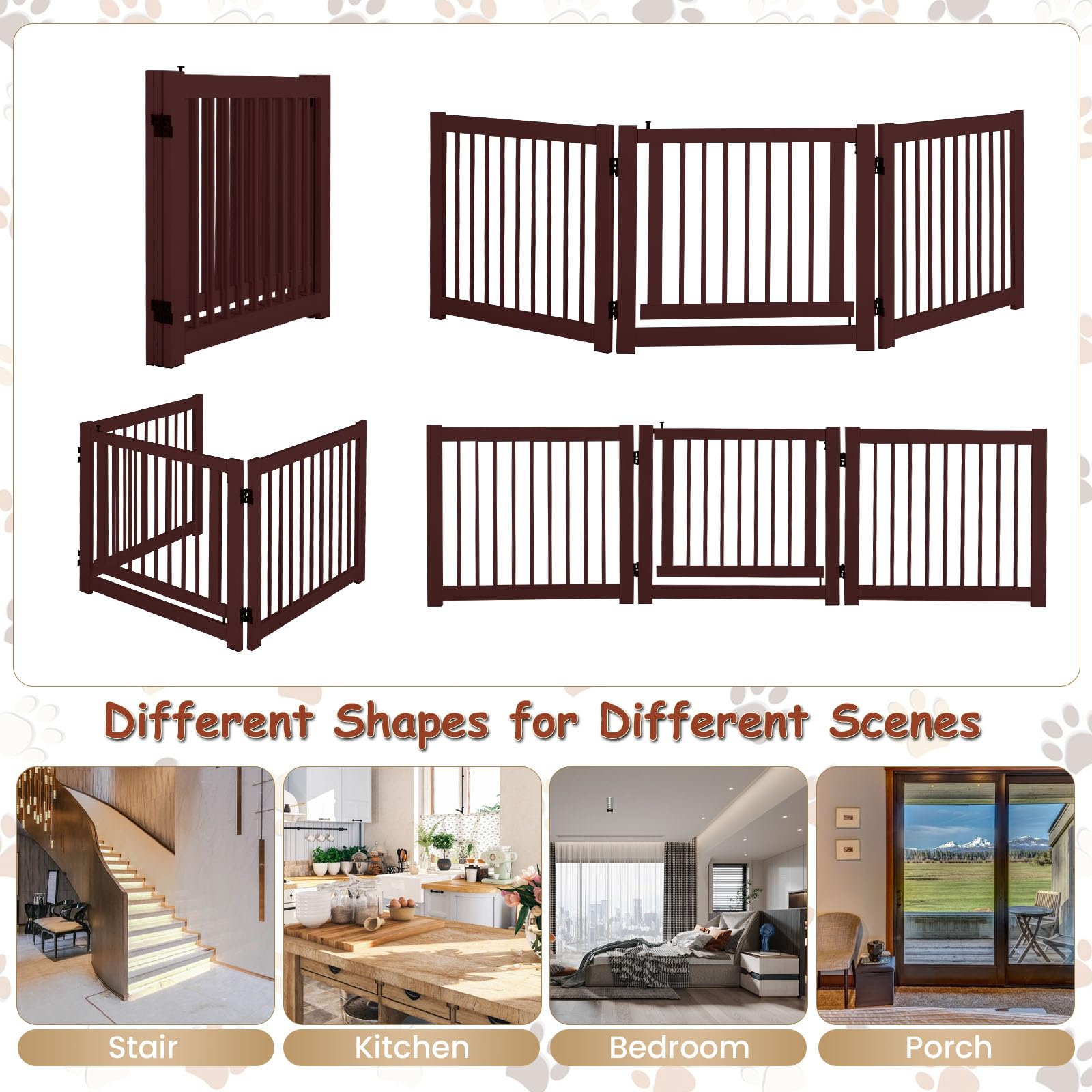 SOARS Cancelletto per Cani Pieghevoli 210 x 61 cm, Barriera per Cani in Legno a 3 Pannelli con Porta a Serratura, Recinzione per Scale, Ingressi e Corridoi (Marrone)