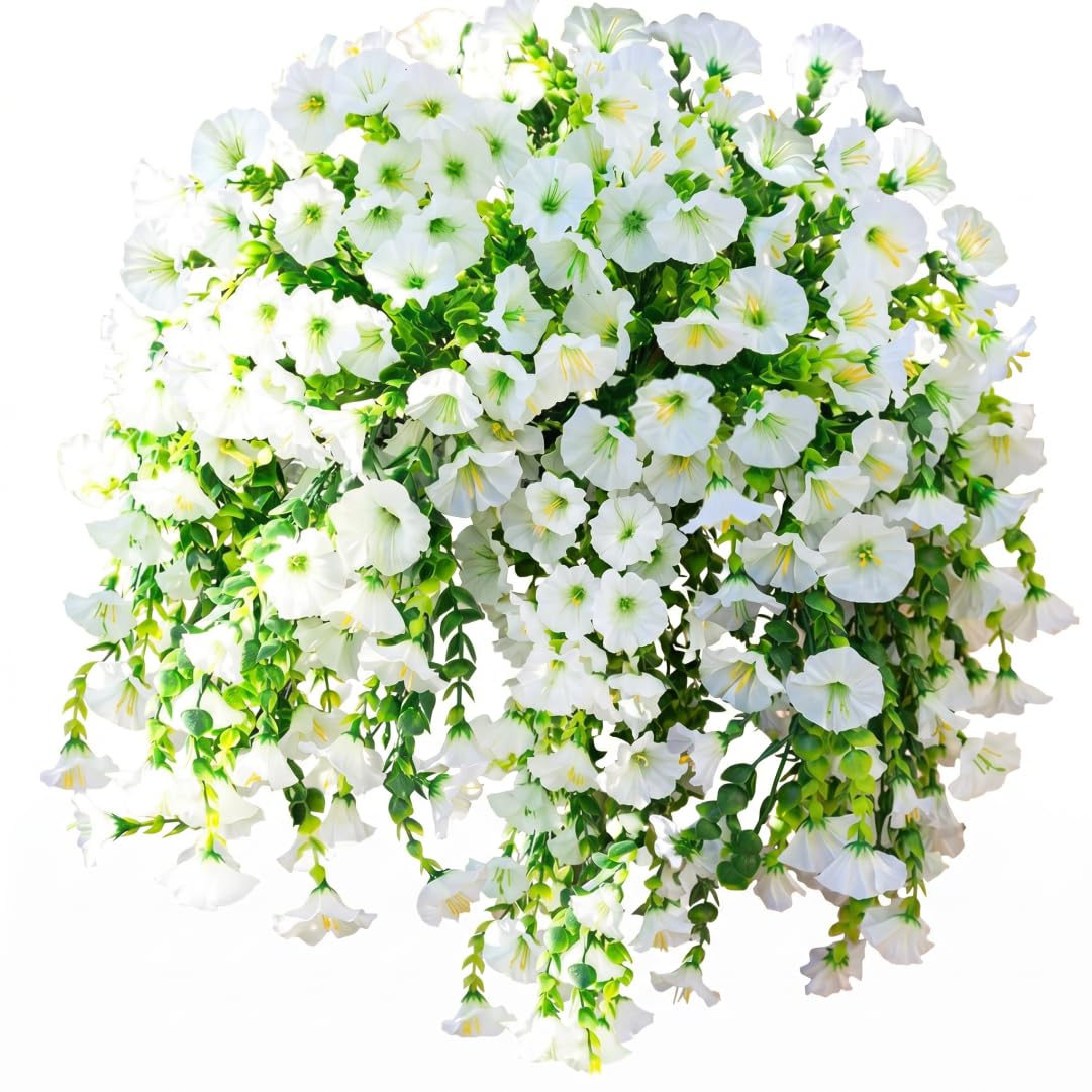 Tsawntd Artificial Petunias For Outdoors, Plastic Artificial Vines For Outdoors, Uv-resistant White Hanging Flowers With Eucalyptus Leaves Petunias Flowers Realistic Faux