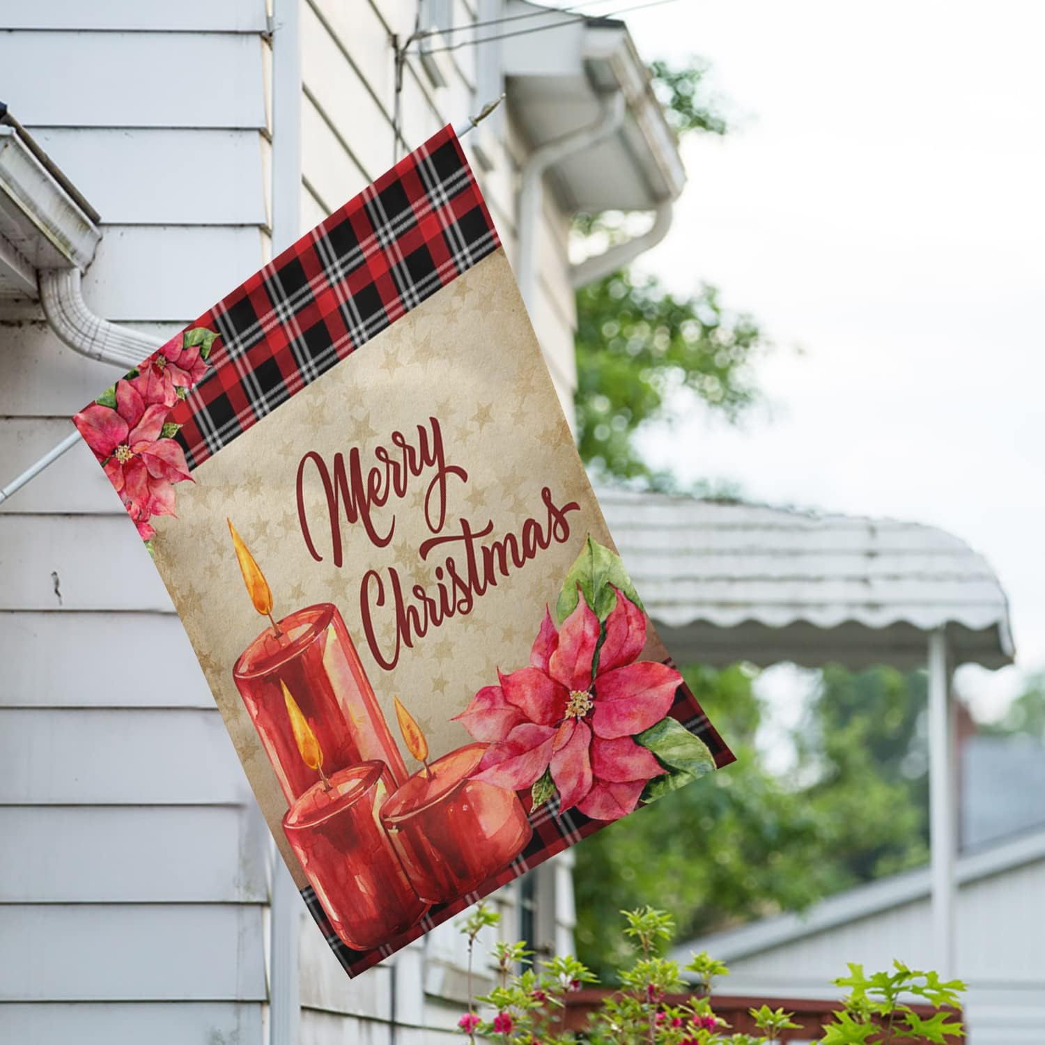 America Forever Merry Christmas House Flag 28 x 40 Inch Double Sided Outdoor Yard Decorations Vintage Winter Holiday Ornament Star Poinsettia Candles