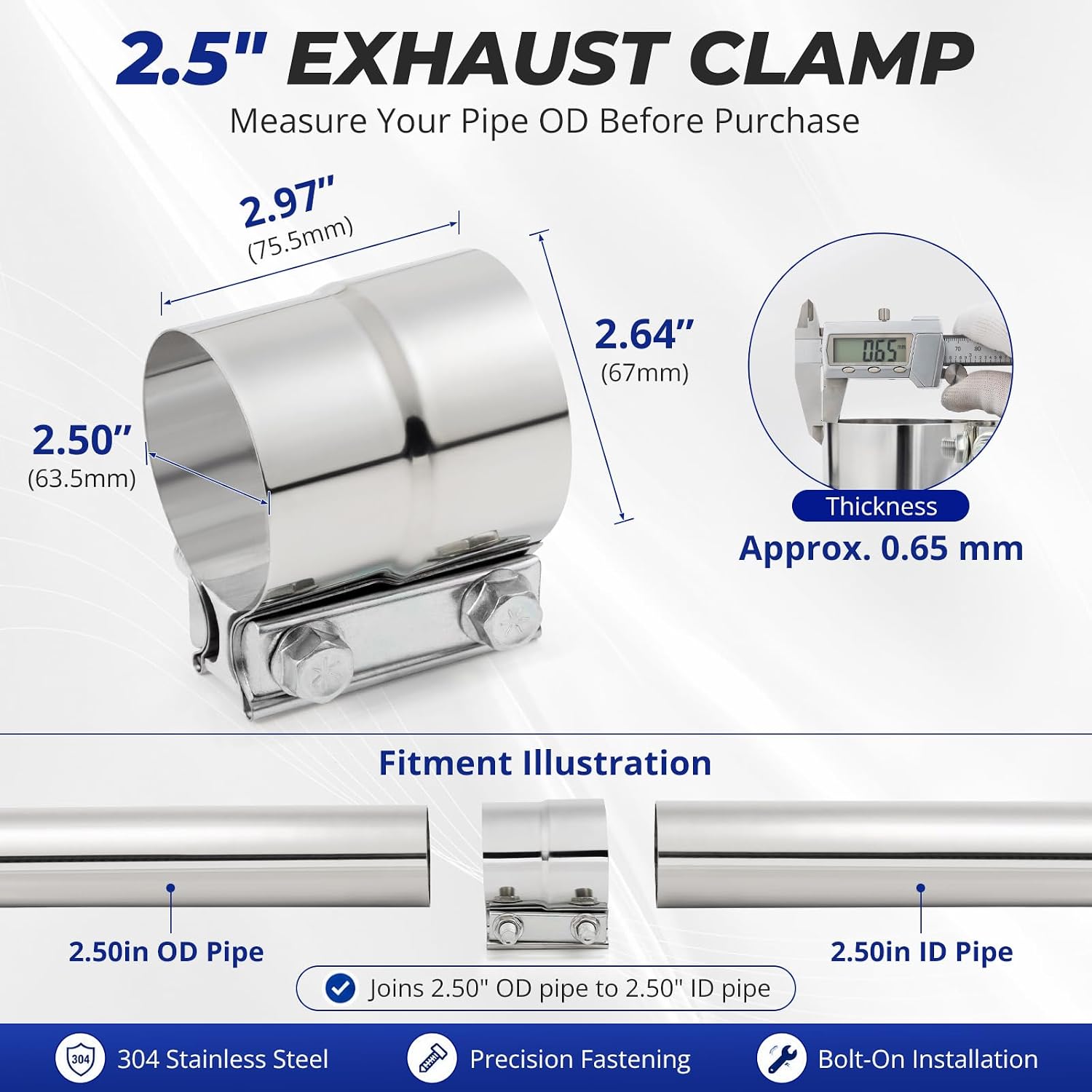 2.5 Inch Exhaust Clamp, Muffler Clamp, Exhaust Band Clamp, 2 Pack