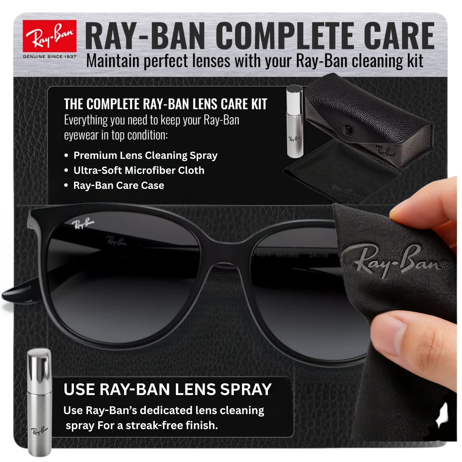 Ray-Ban RB4378 zestaw okularów przeciwsłonecznych | ekskluzywne etui i zestaw do pielęgnacji | Polished Black/Grey Gradient