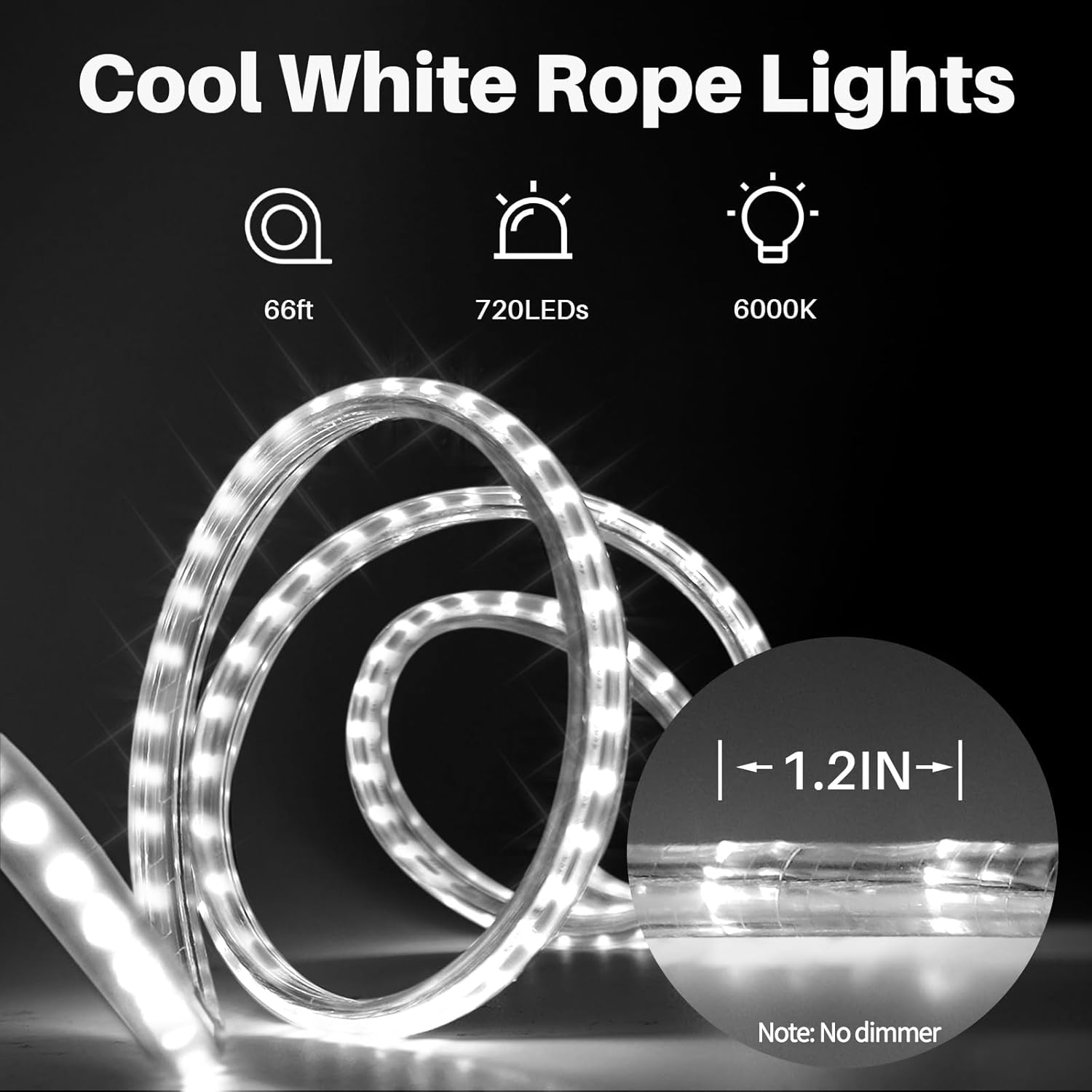 66ft/20m 720 LEDs Rope Lights, Cool White Rope Light Outside, Waterproof Rope Lighting for Indoor Outdoor, Plug in Flexible Connectable Decor Lights for Garden, Patio, Pool, Bedroom (6000K)
