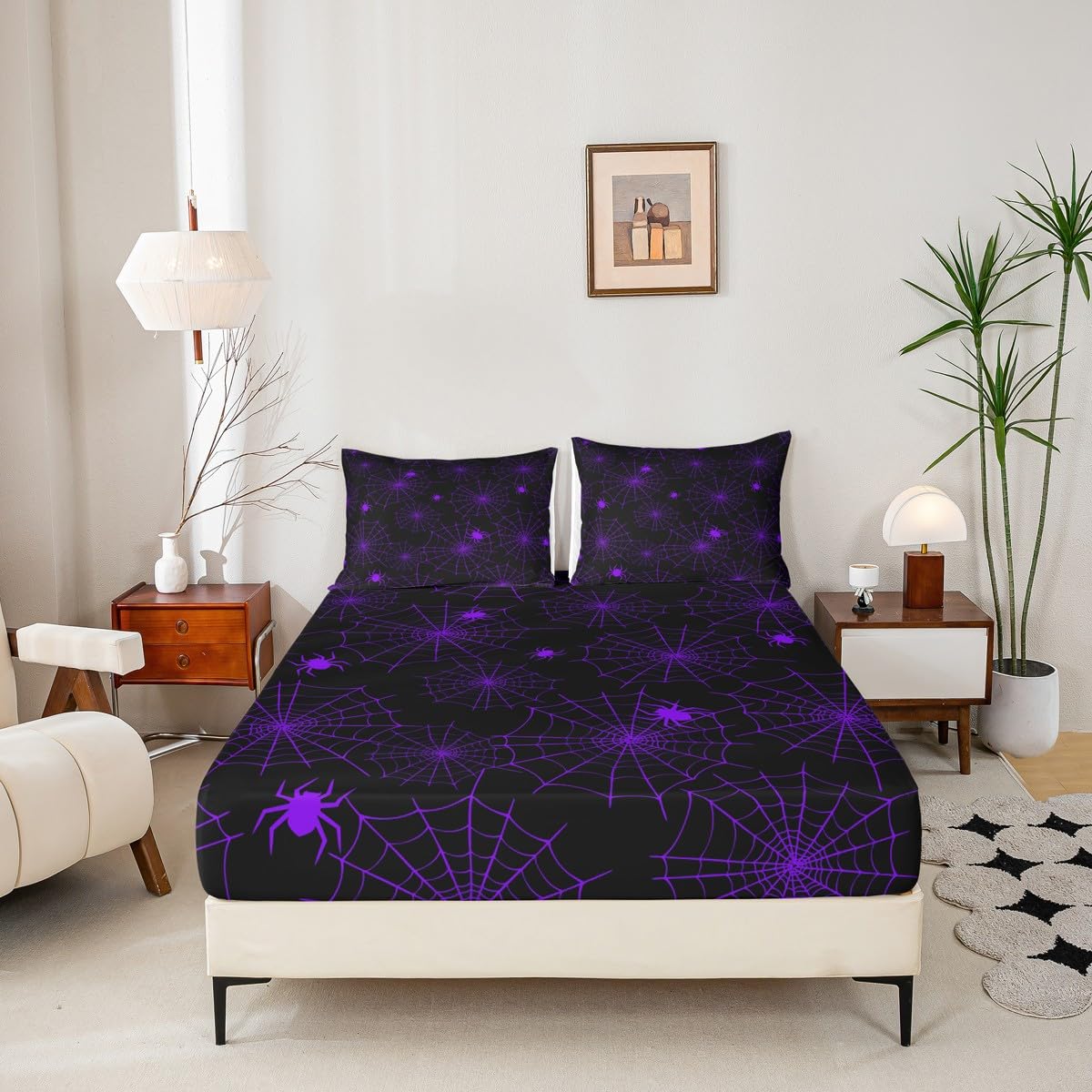 Halloween Spider Black Purple Fitted Sheet,Full Size Abstract Spiders Web Collections,Spider Web Bedding Deep Pocket for Children Teens Young with 2 Pillowcases(No Flat Sheet)