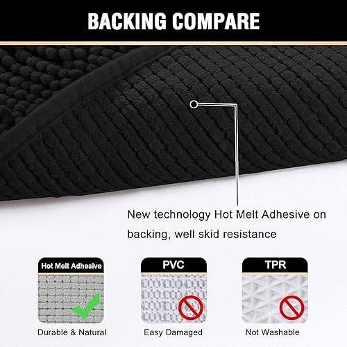 Miniatura 6 de H.VERSAILTEX Tapete de baño de felpilla de lujo negro de 17 x 24 pulgadas, paquete de 2 alfombras de baño de 32 x 20 pulgadas y 20 x 20 pulgadas,