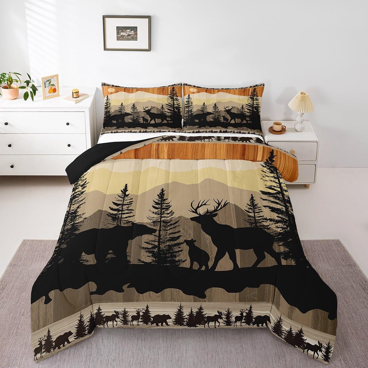 Rustic Deer Comforter Set Western Farmhouse Theme Bedding Twin Size, Wild Animal Deer Print Duvet Insert for Adult Women Teens Bear Print Quilt 2 Pcs, Old Barn Door Print Bedding Comforter Set