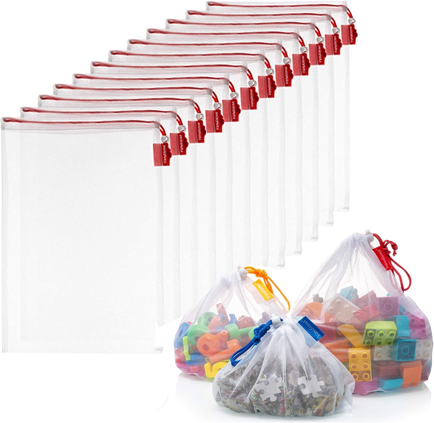 Toy Storage & Organization Mesh Bags Set of 12 See-Through Washable Bags & Color Coded Drawstrings by Size for Playroom Organization, Baby Toys (12 Larges (12" x 17"))