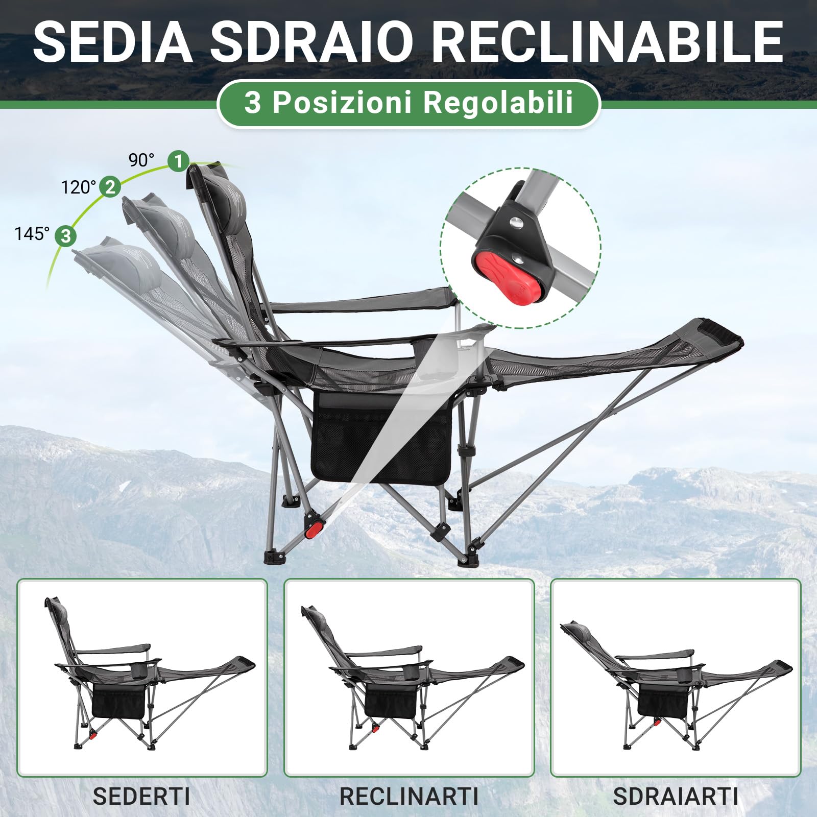 #WEJOY Set di 2 Sedia da Campeggio Pieghevole Reclinabile, Sedia Sdraio da Spiaggia Portatile, Schienale Regolabile, Poggiapiedi Staccabile, Sedia Pieghevole per Esterno Giardino Pesca, Grigio Scuro